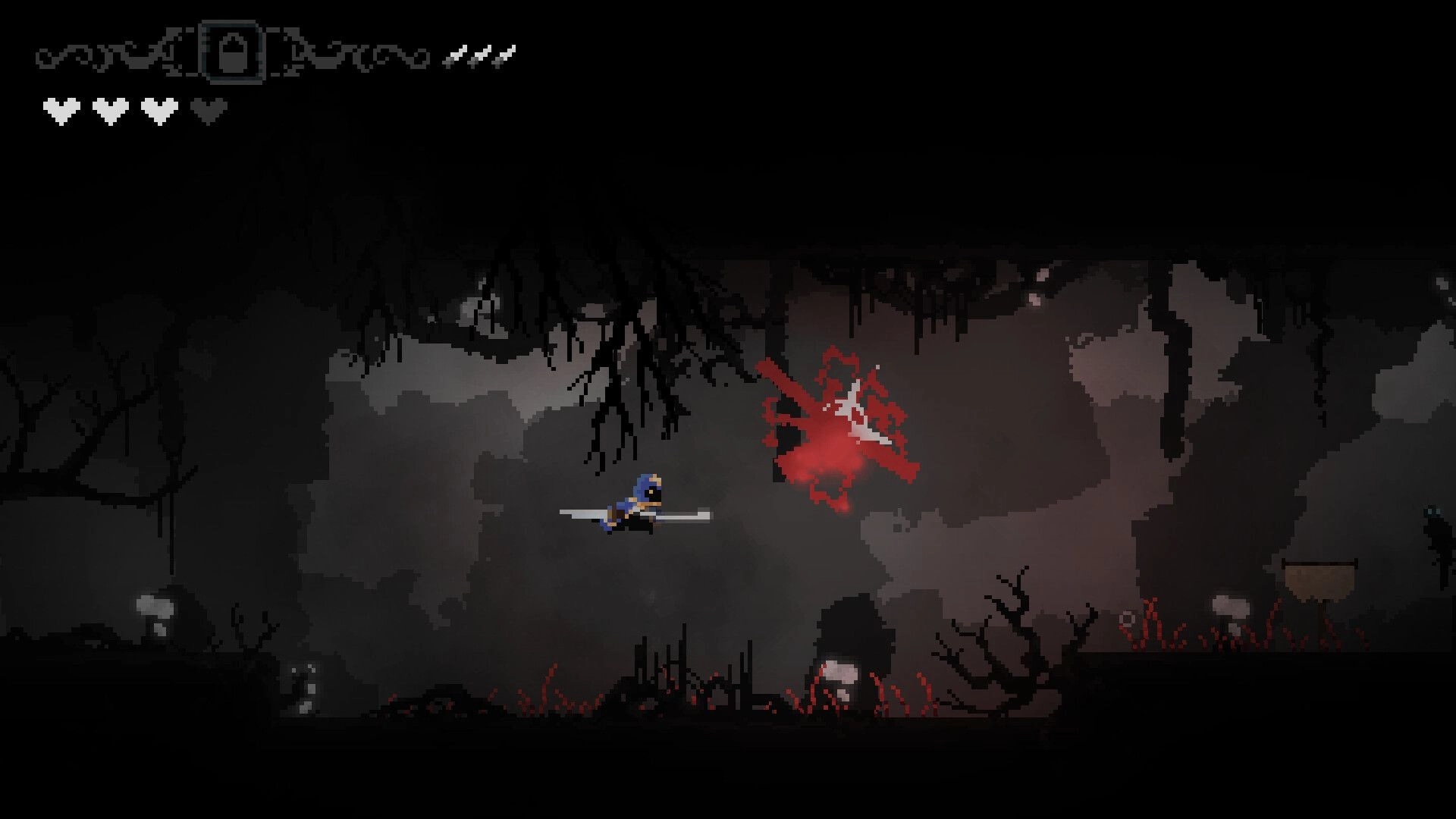 Erebound: Player character in combat with red enemy in dark underground cave with UI health hearts visible