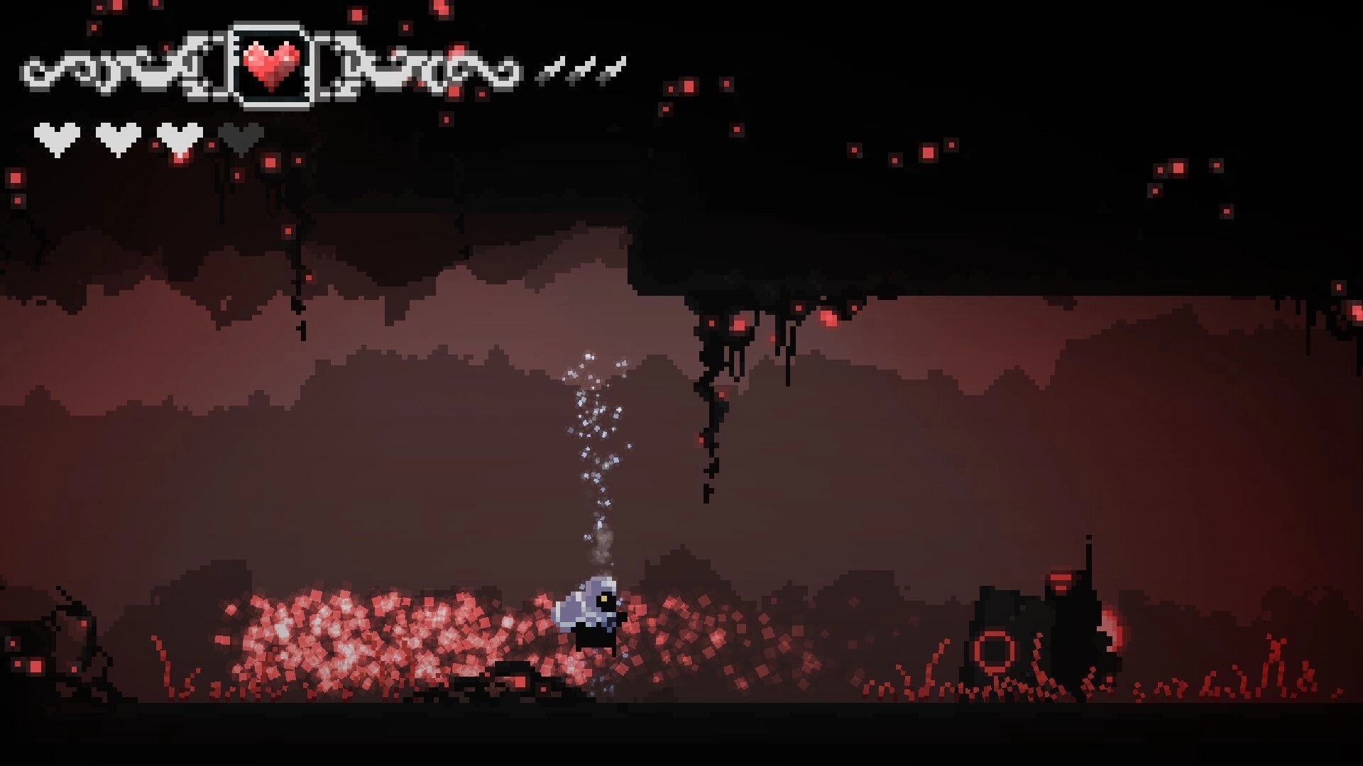 Erebound: Character jumps in cavern with glowing red crystals and health bar displayed overhead