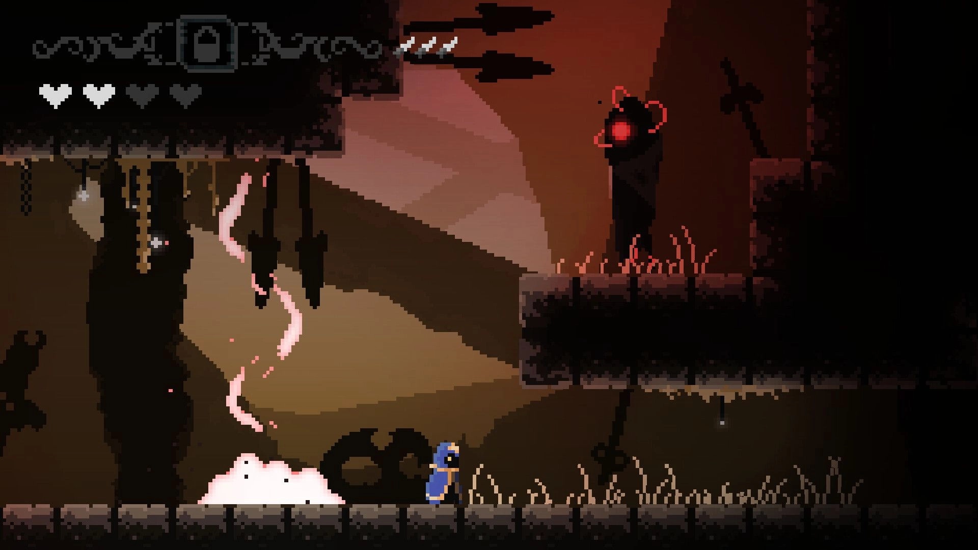 Erebound: Player navigating dark cavern with health bar and enemy totem in ominous shadowy environment.