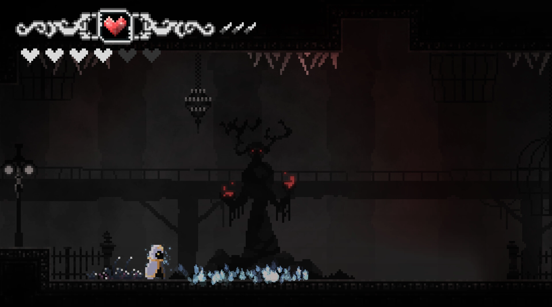 Erebound: Player confronts shadowy figure in dimly lit underground passage with heart UI at the top.