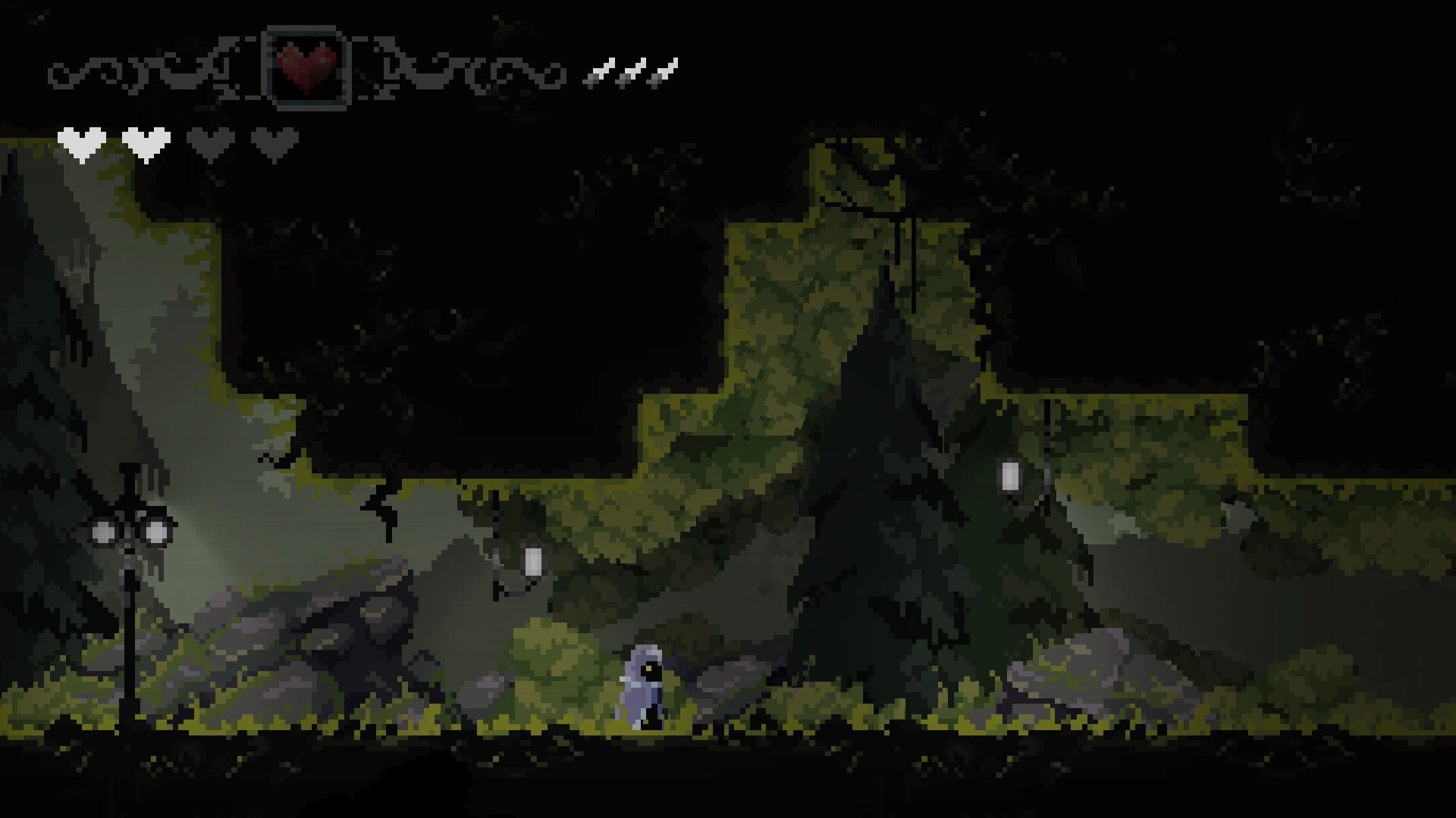 Erebound: Hooded character stands in a forested area with heart icons and runes displayed above.