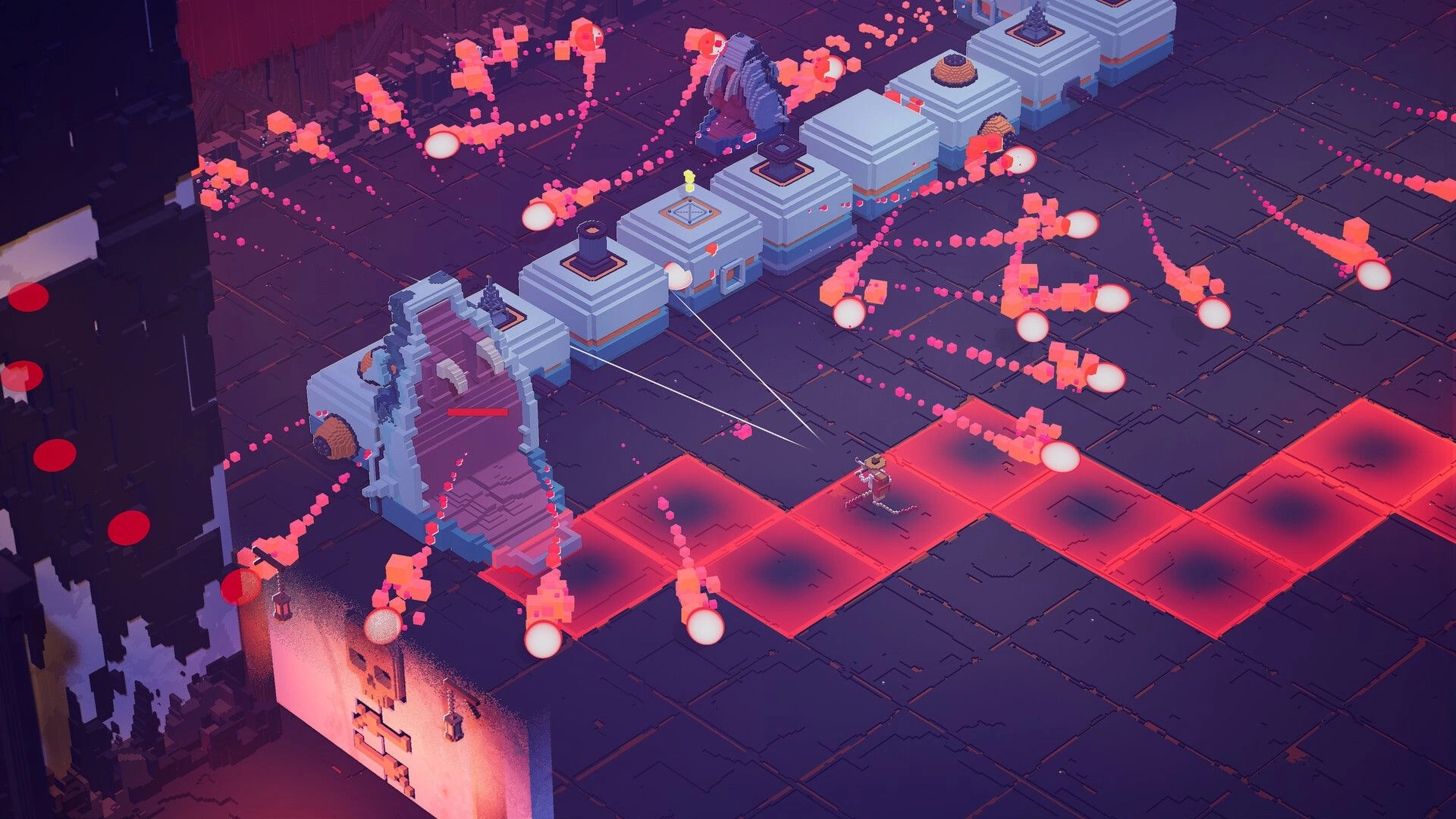 Erosion: Player dodging projectile barrage in a voxel dungeon with glowing tiles and defensive barriers.