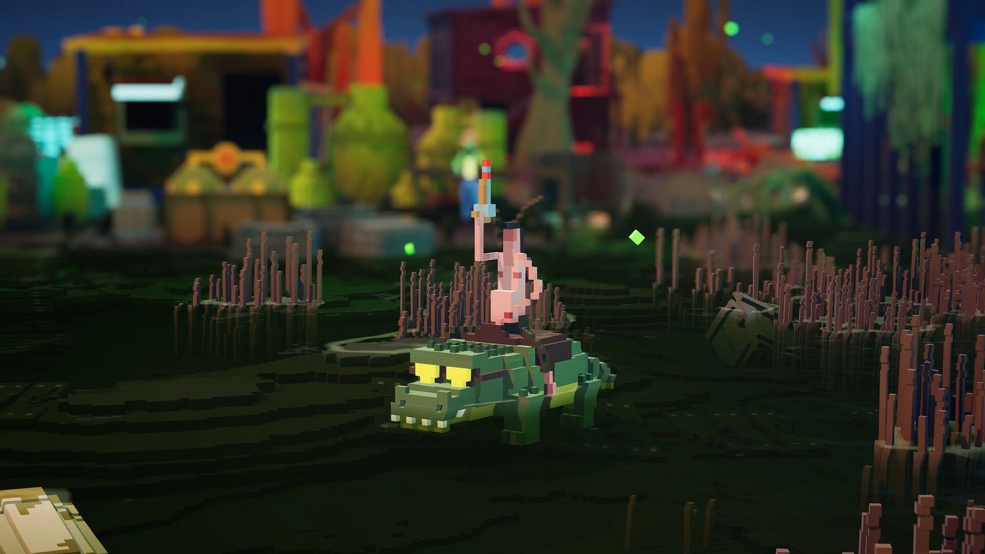 Erosion: Character riding a voxel alligator holding a torch in a swamp environment with structures nearby