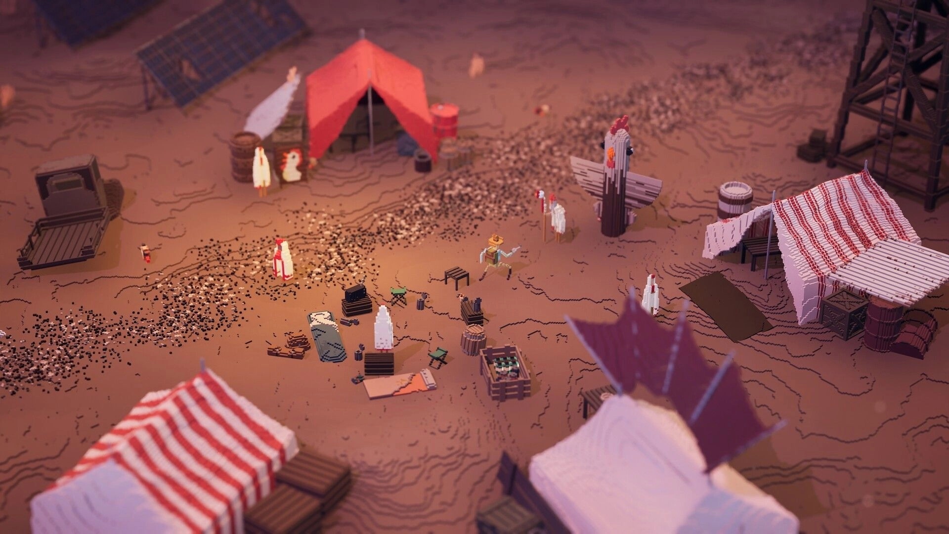 Erosion: Overhead view of desert camp with tents, crates, and characters in a voxel-style environment.