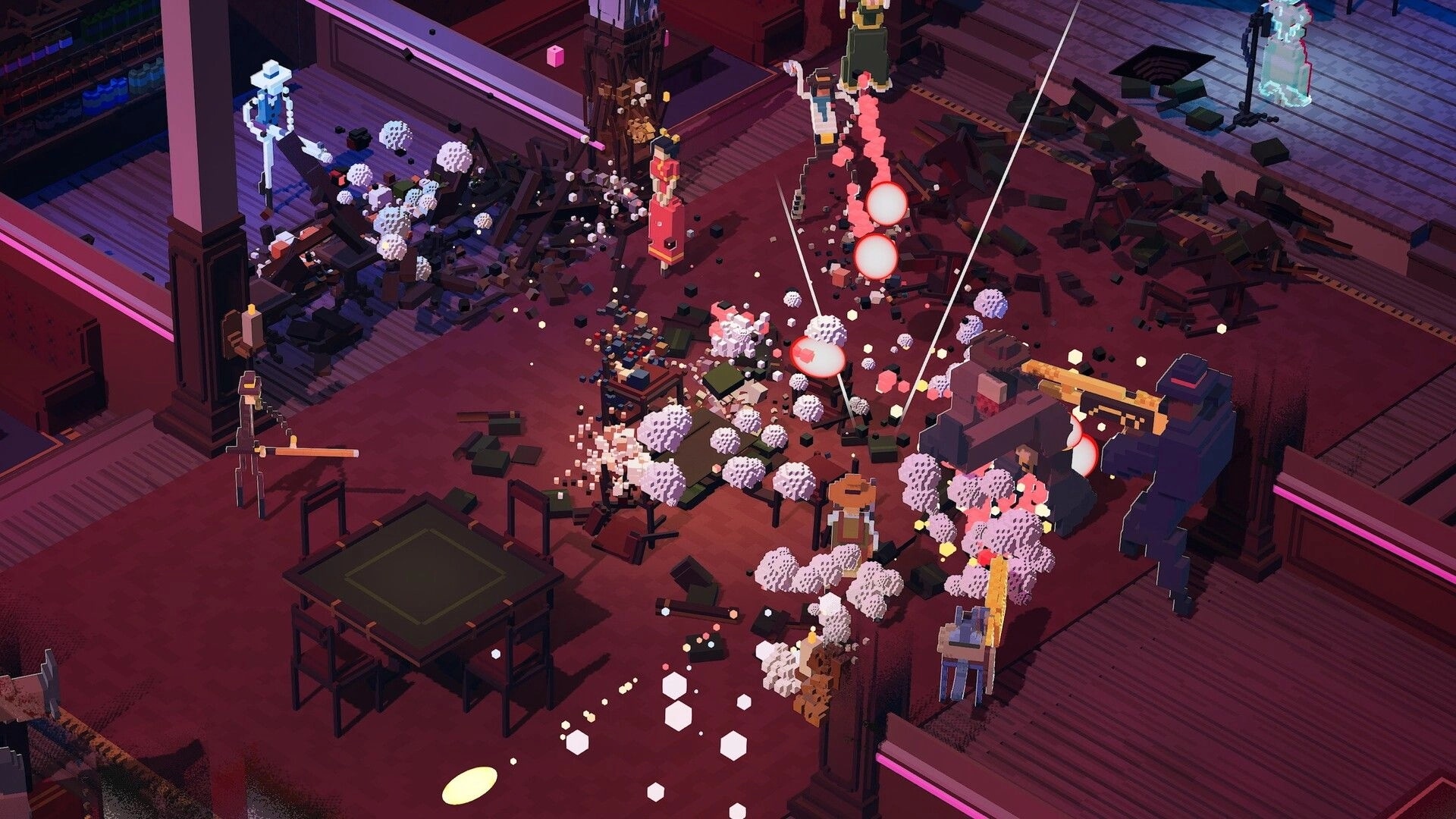 Erosion: Intense voxel combat in a cluttered room with characters dodging projectiles and debris.