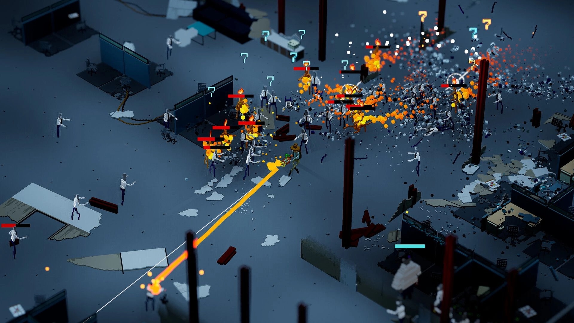 Erosion: Intense combat with fiery explosions and enemies in a destructible voxel office environment