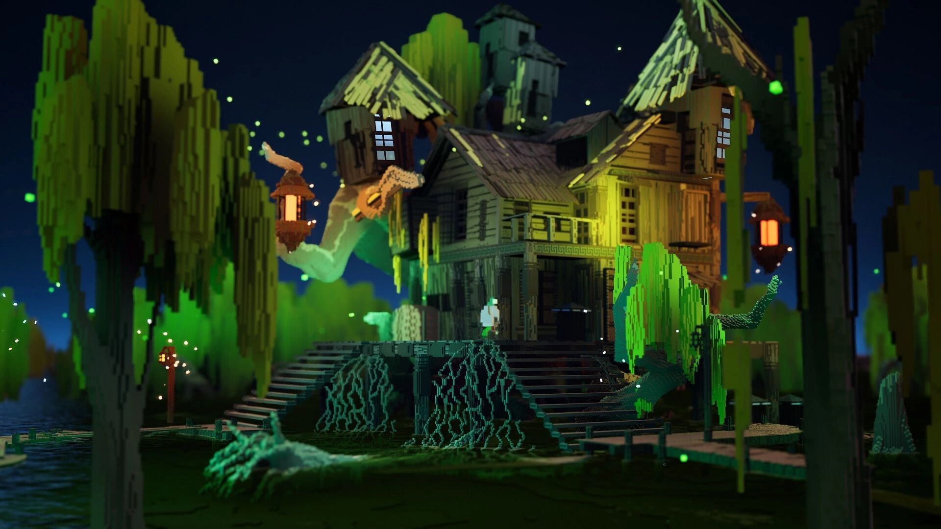 Erosion: Player approaches a mystical, glowing house surrounded by trees and lanterns in a dark forest.
