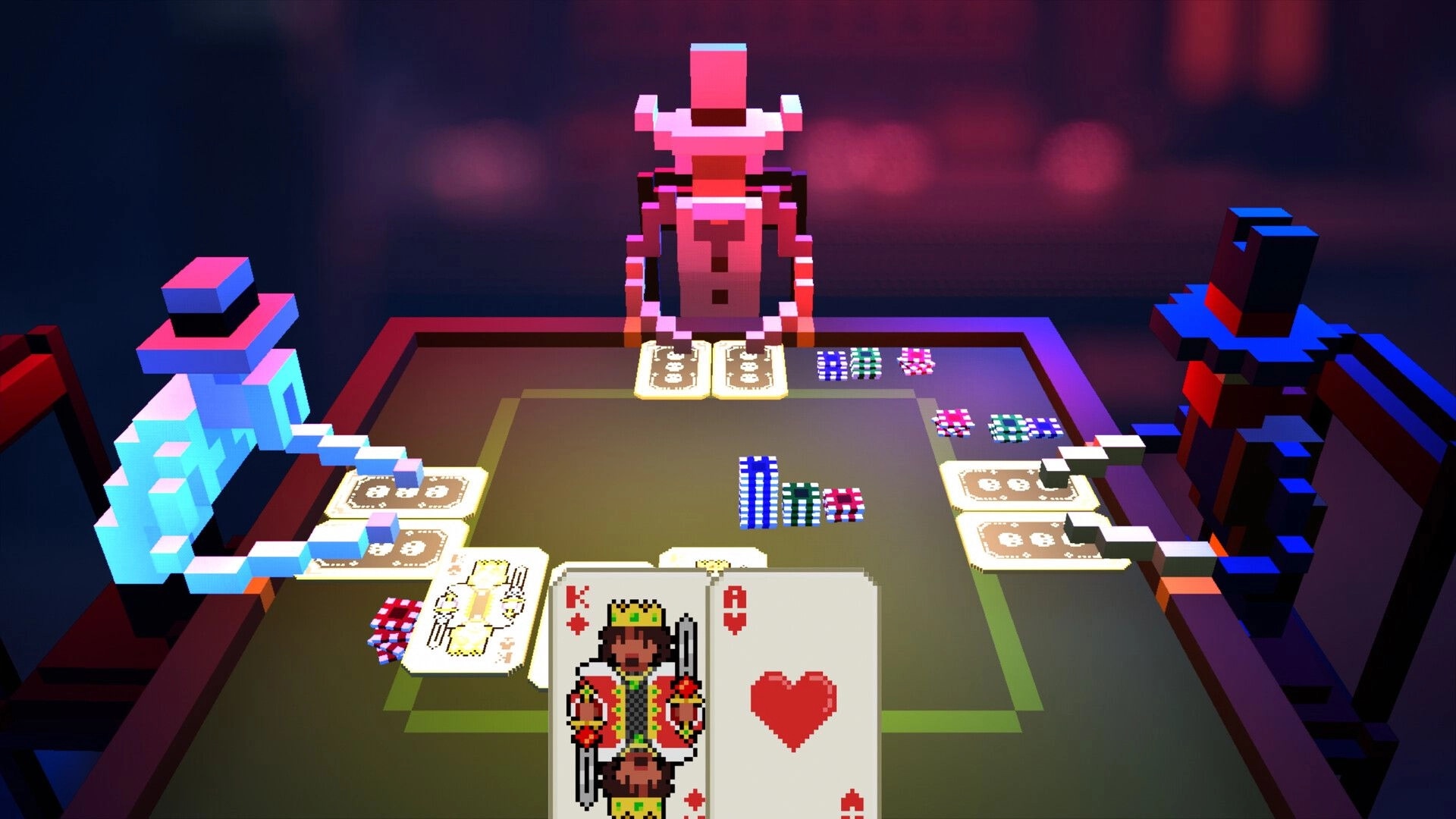 Erosion: Pixelated characters playing poker in a dimly lit room with cards and chips on the table
