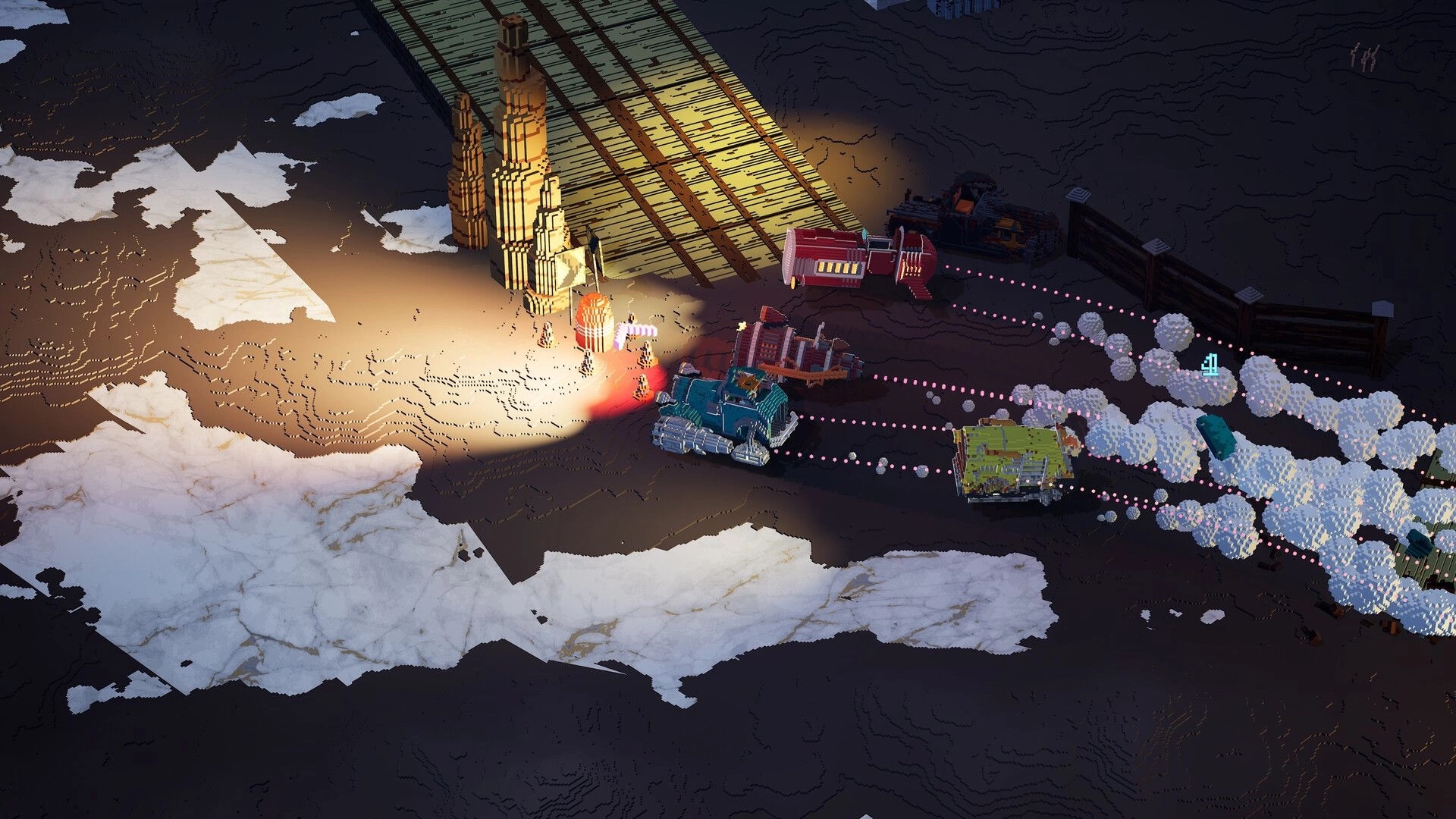 Erosion: Vehicles and characters gathered under a spotlight near voxel structures on a dark terrain