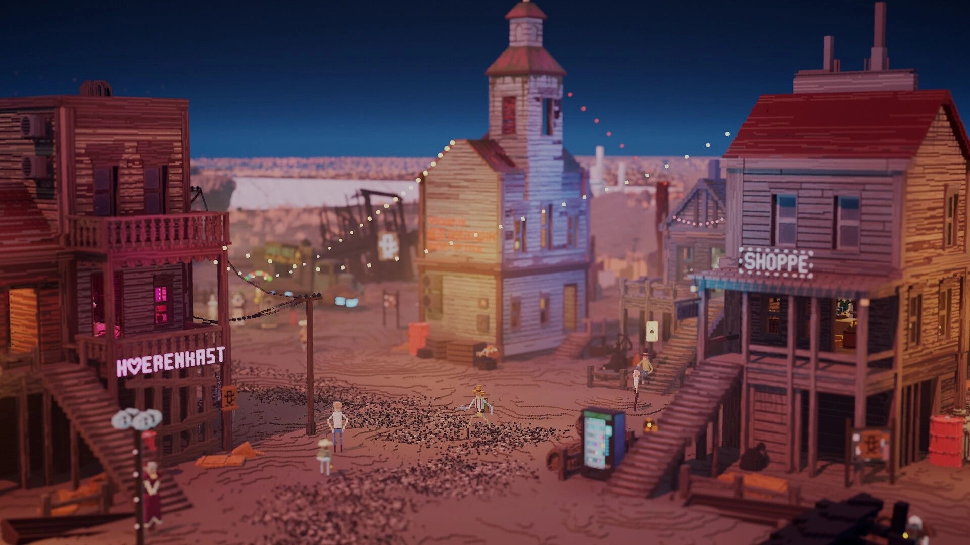 Erosion: Characters walk through a dusty voxel town with shops and string lights under a twilight sky.