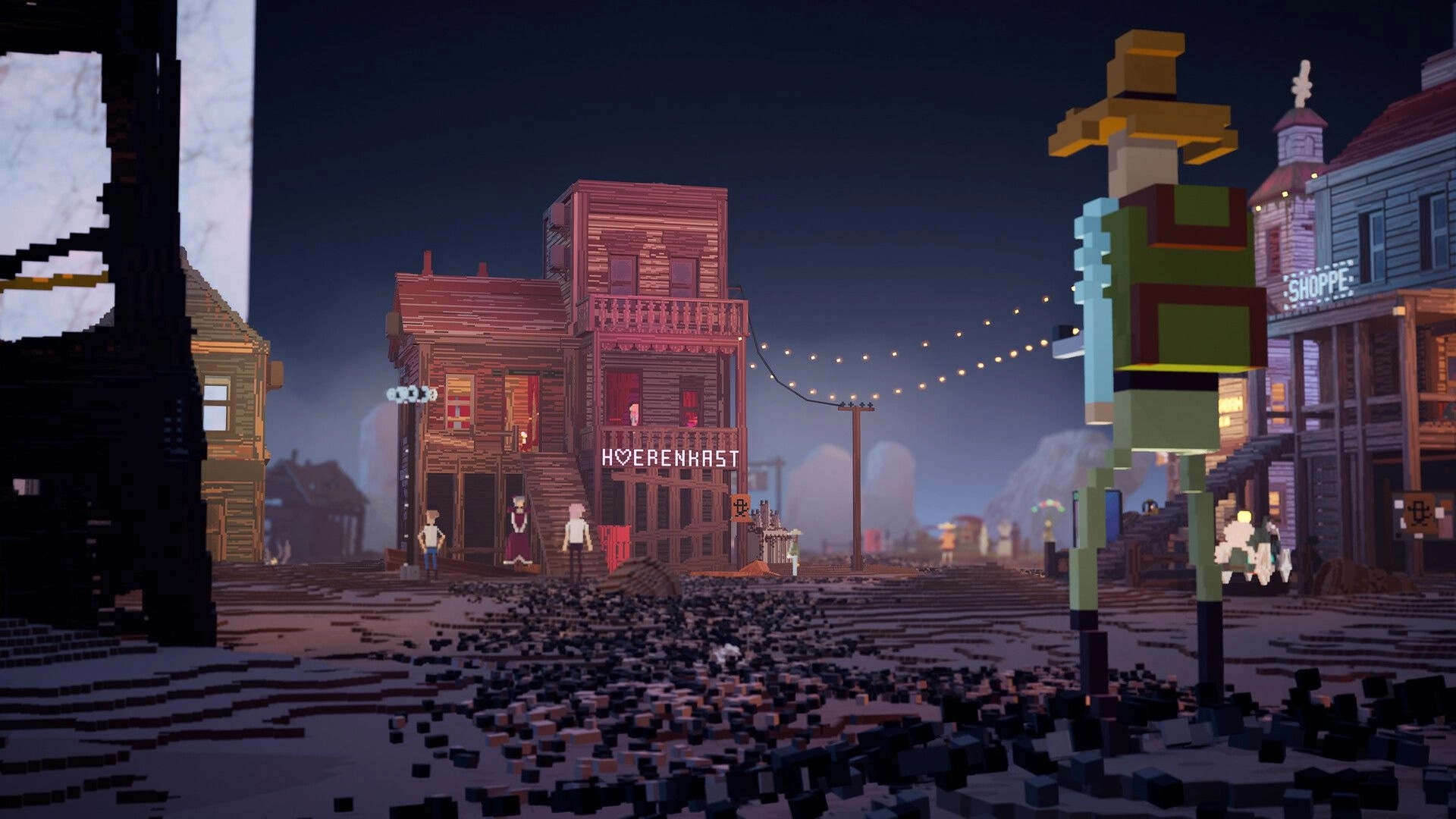 Erosion: Pixel art street scene with characters outside a building labeled "HOERENKAST" at night.
