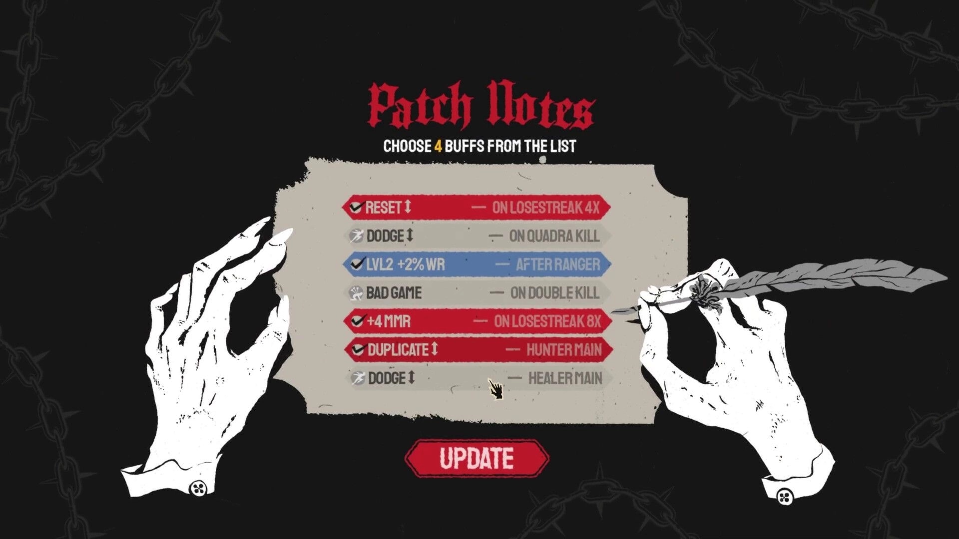 Escape from EloHell: Patch Notes buff selection list with Update button on dark chained background.
