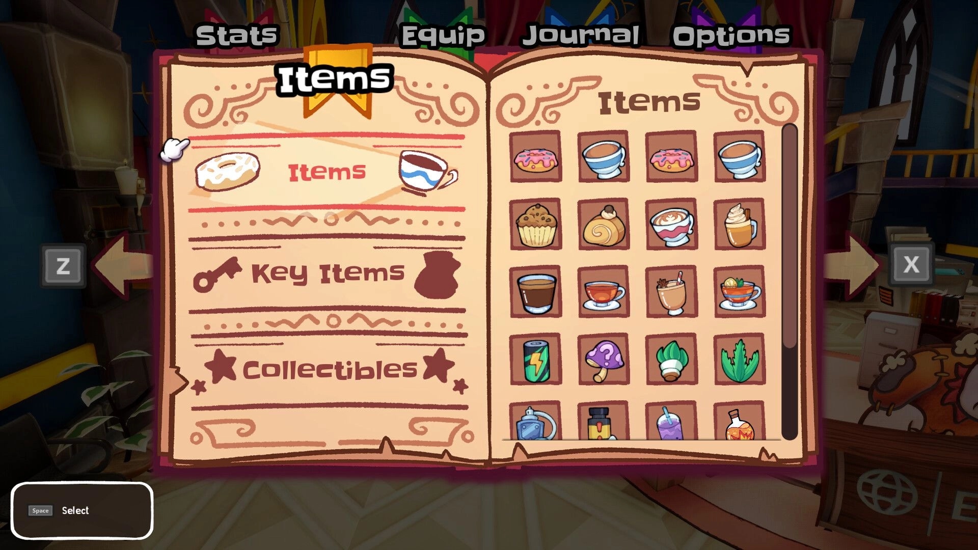 Escape from Ever After: Open items menu displaying various food and drink icons in a fairytale library.