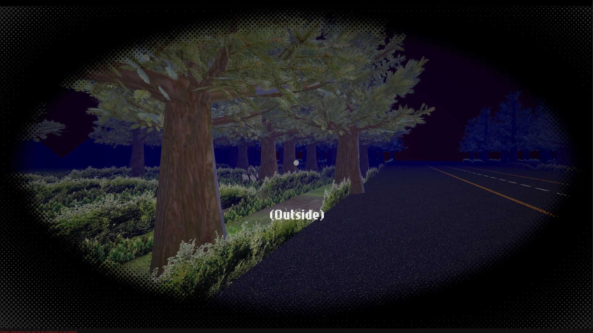 Escape from Irene: Dark forest road at night, trees lining the path with "Outside" text overlay.