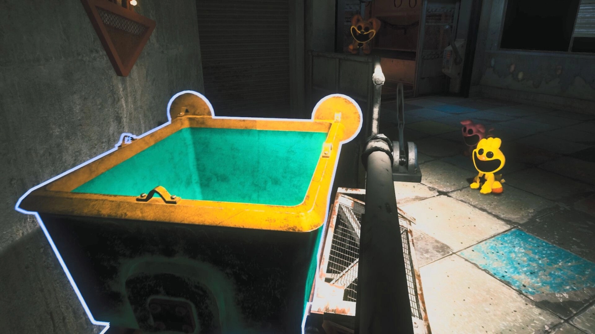 Escape from Playtime: Player aims at a glowing cart while toy creatures lurk in a grimy factory room.