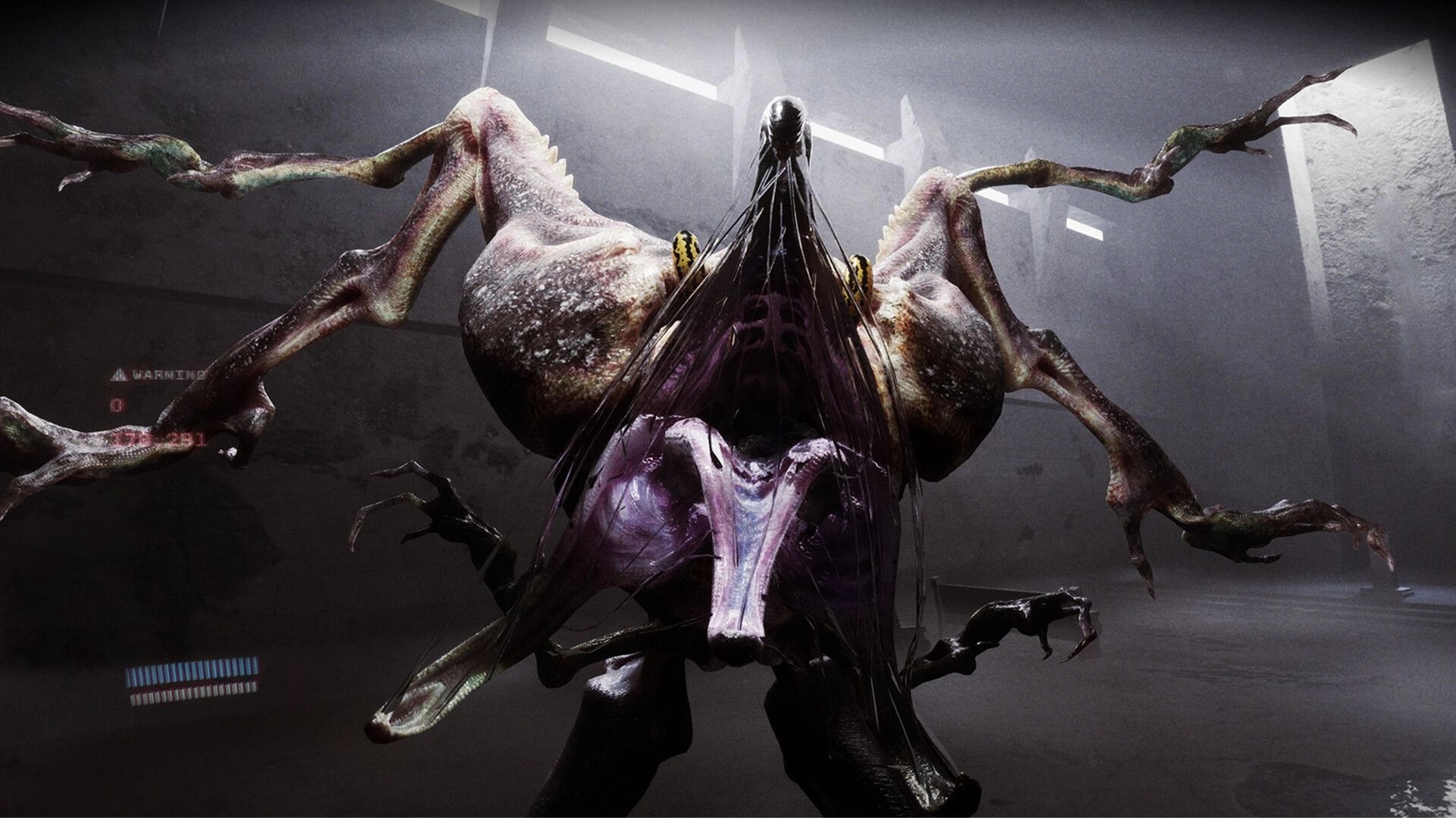 ESCAPE Protocol: Terrifying creature encounter in dim, industrial environment with warning UI elements visible