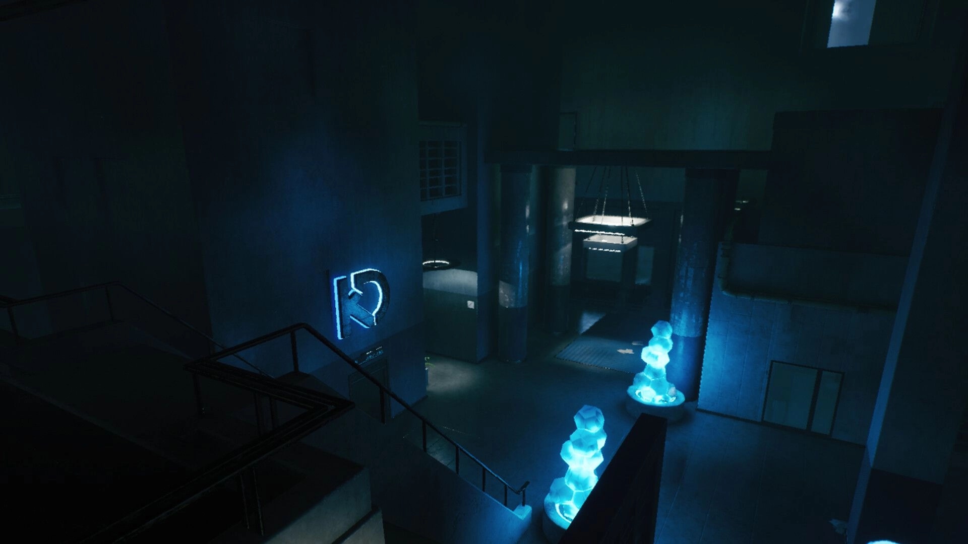 ESCAPE Protocol: Dimly lit industrial corridor with glowing blue crystals and a mysterious symbol