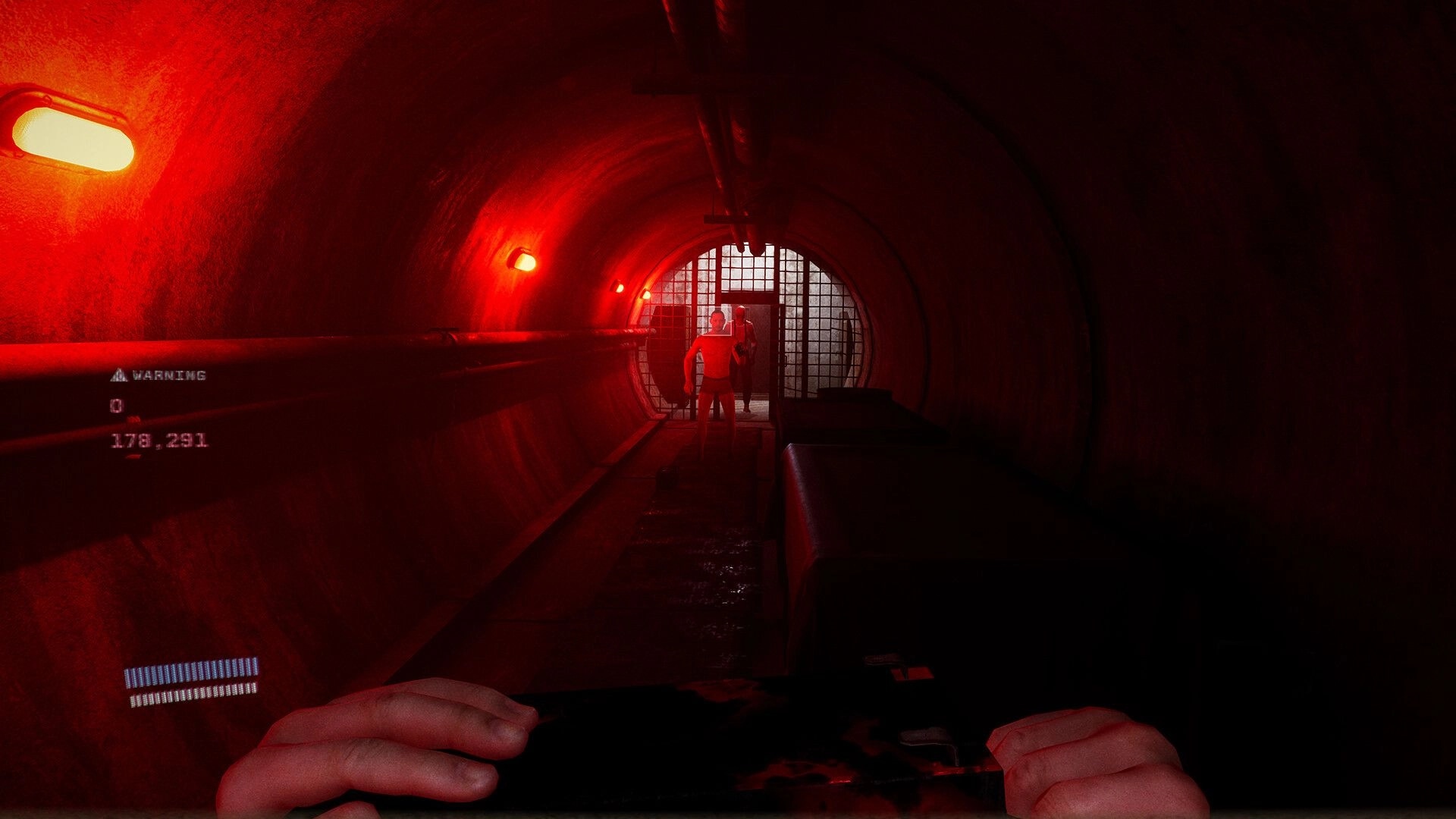 ESCAPE Protocol: Player navigating a dimly lit red tunnel with warning UI and approaching figures visible