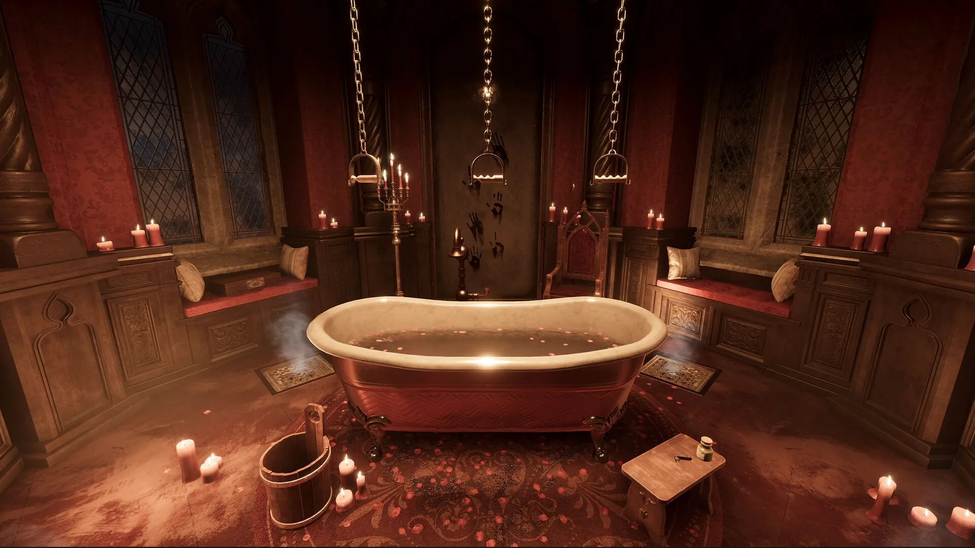 Escape Simulator 2: Luxurious red room with a bathtub surrounded by candles and mysterious handprints.