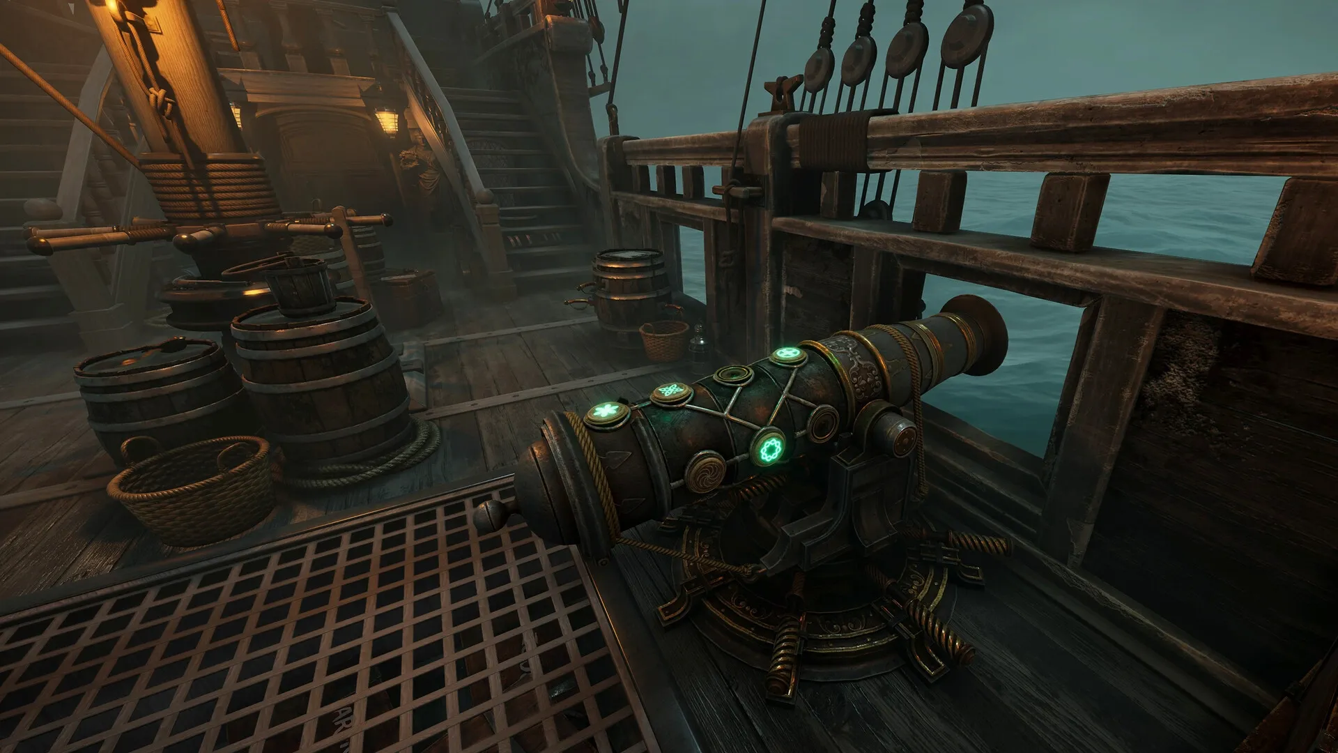 Escape Simulator 2: Intricate puzzle cannon on a wooden ship deck with barrels and rope in a foggy sea.