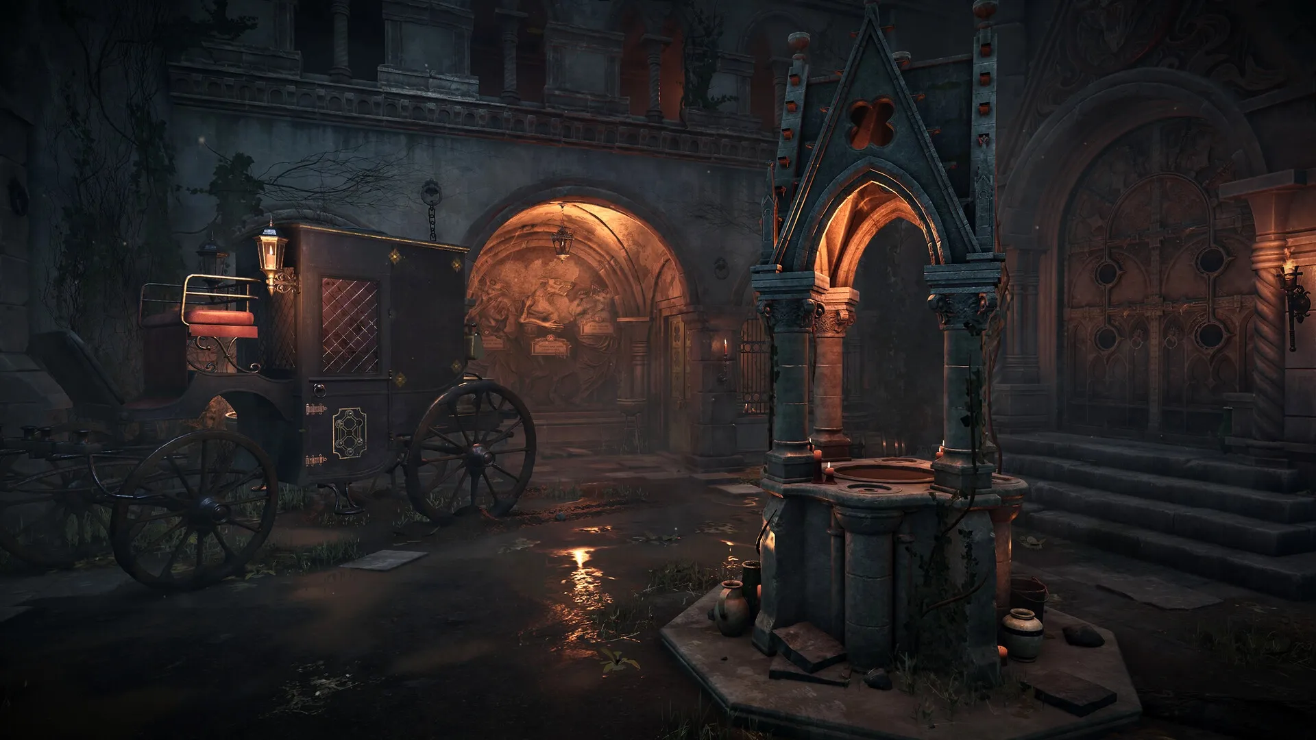 Escape Simulator 2: Gothic courtyard with a carriage, ancient well, and illuminated archway at night