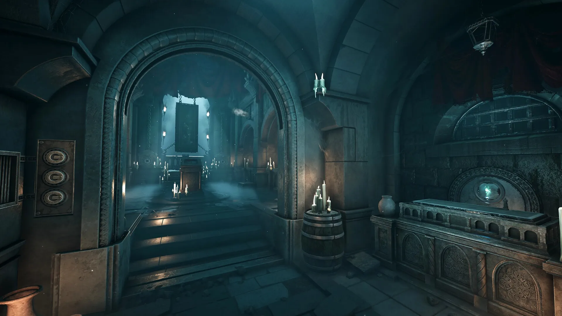Escape Simulator 2: Candle-lit stone hallway with intricate wall carvings and mysterious glowing symbols.