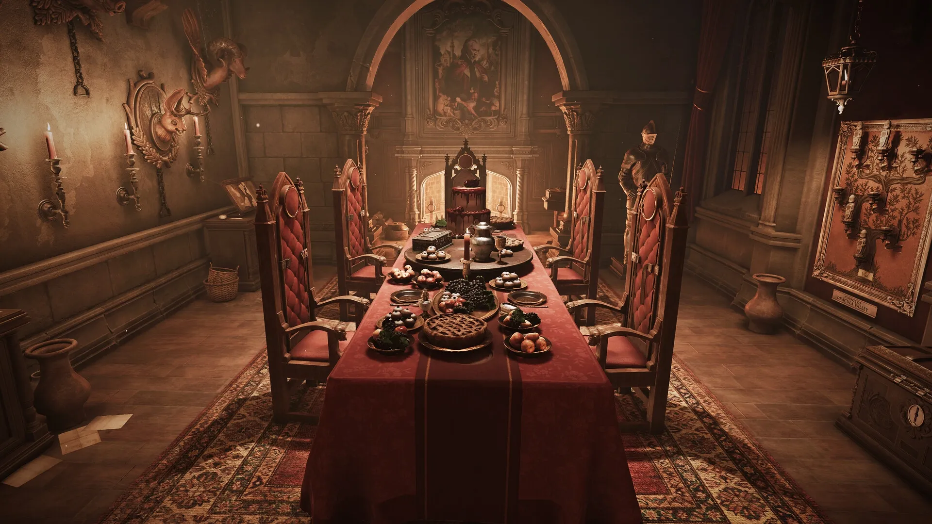 Escape Simulator 2: Lavish dining room with ornate chairs, medieval decor, and a table full of desserts
