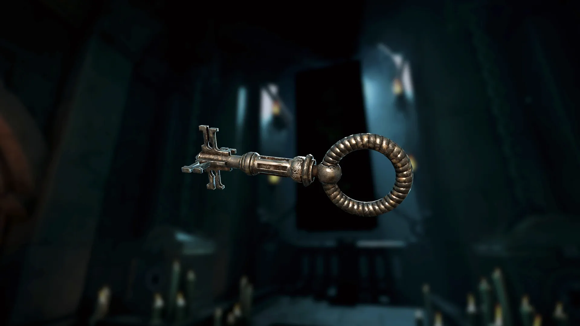 Escape Simulator 2: Intricate ornate key floating in a dimly lit, mysterious room with candles.