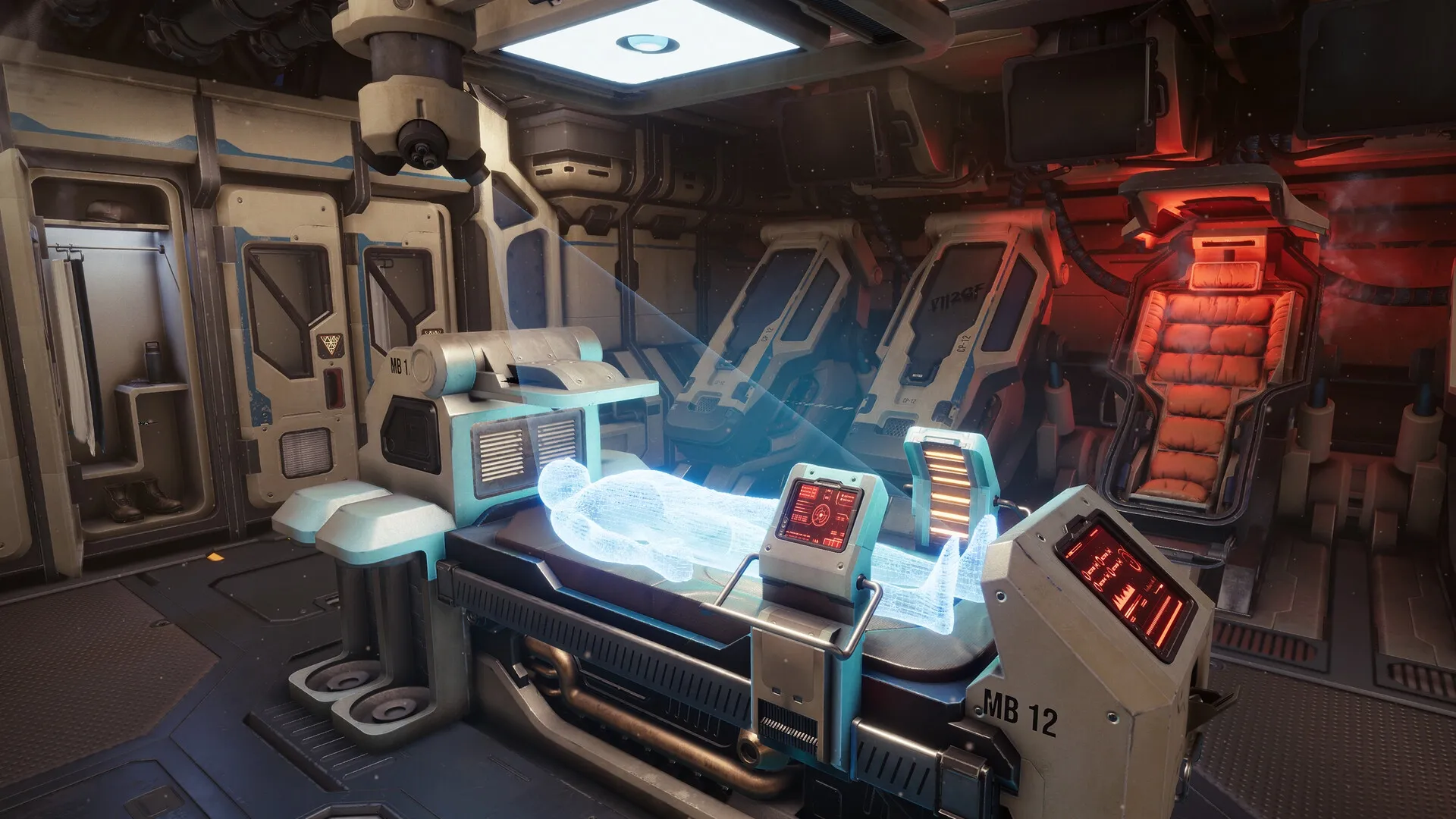 Escape Simulator 2: Holographic figure on medical bed in futuristic laboratory with control panels