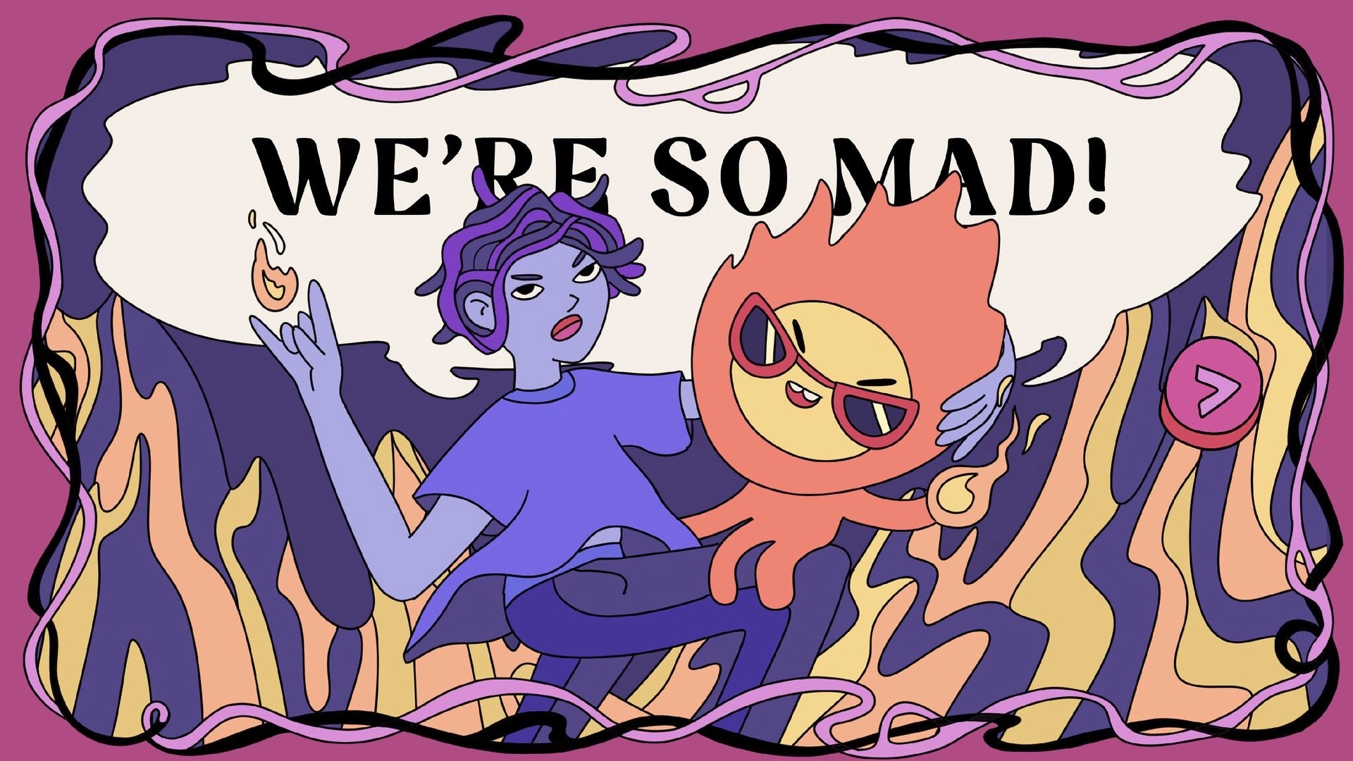 Escape the Baby Alarm: “WE’RE SO MAD!” comic panel with angry parent and fiery baby, next arrow button.