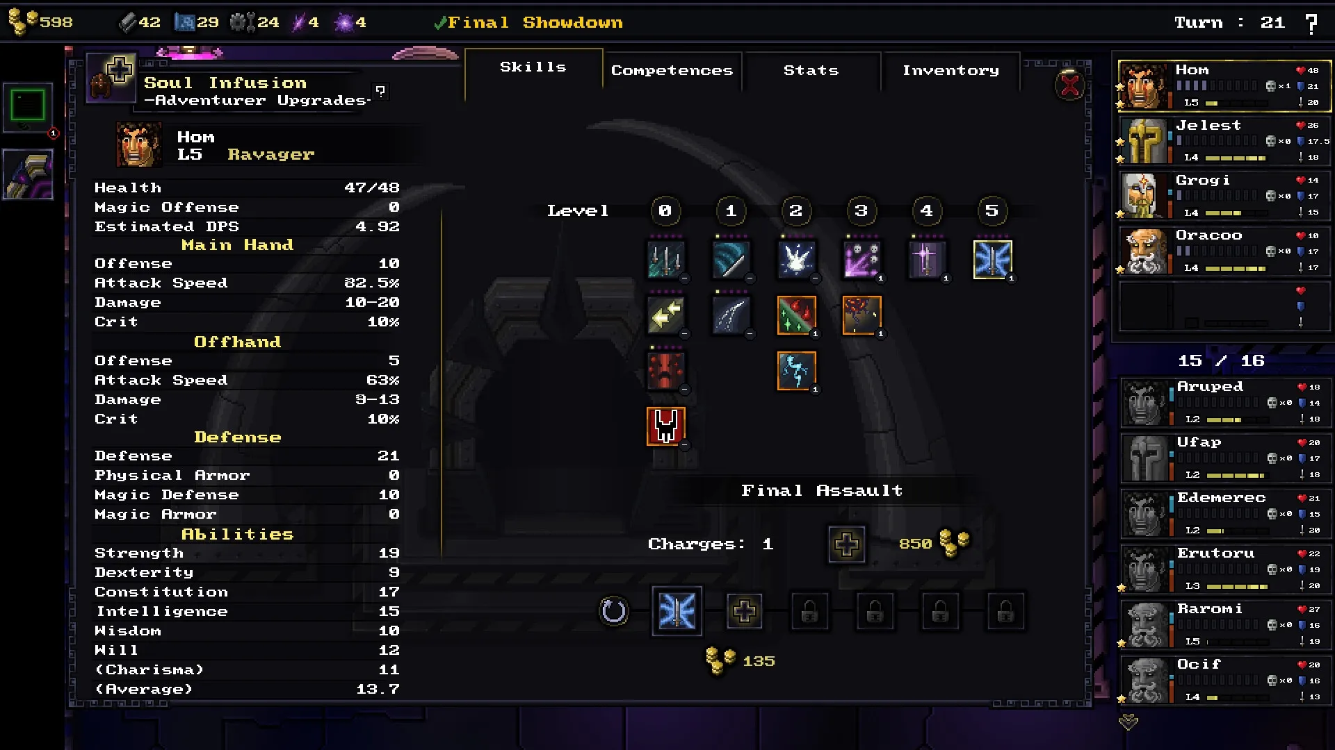 Escape The Mad Empire: Character stats screen for Hom, a level 5 Ravager, showing abilities and gear.
