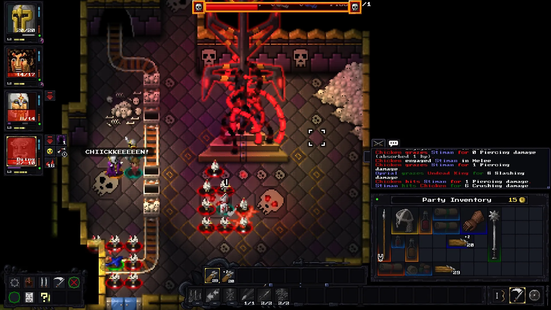 Escape The Mad Empire: Tactical battle with heroes facing red enemies on dungeon tiles, UI and inventory visible.