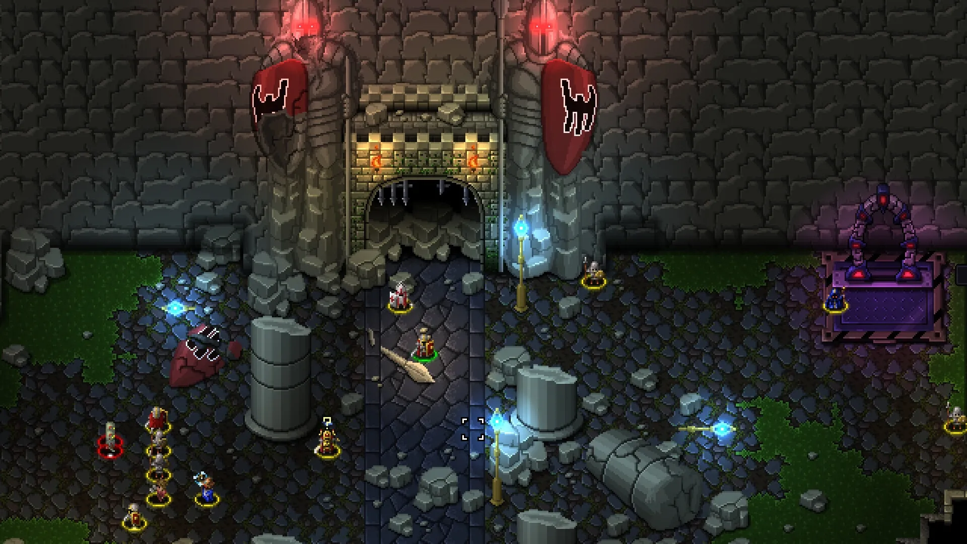 Escape The Mad Empire: Heroes navigate a crumbling dungeon entrance with statues and glowing lights