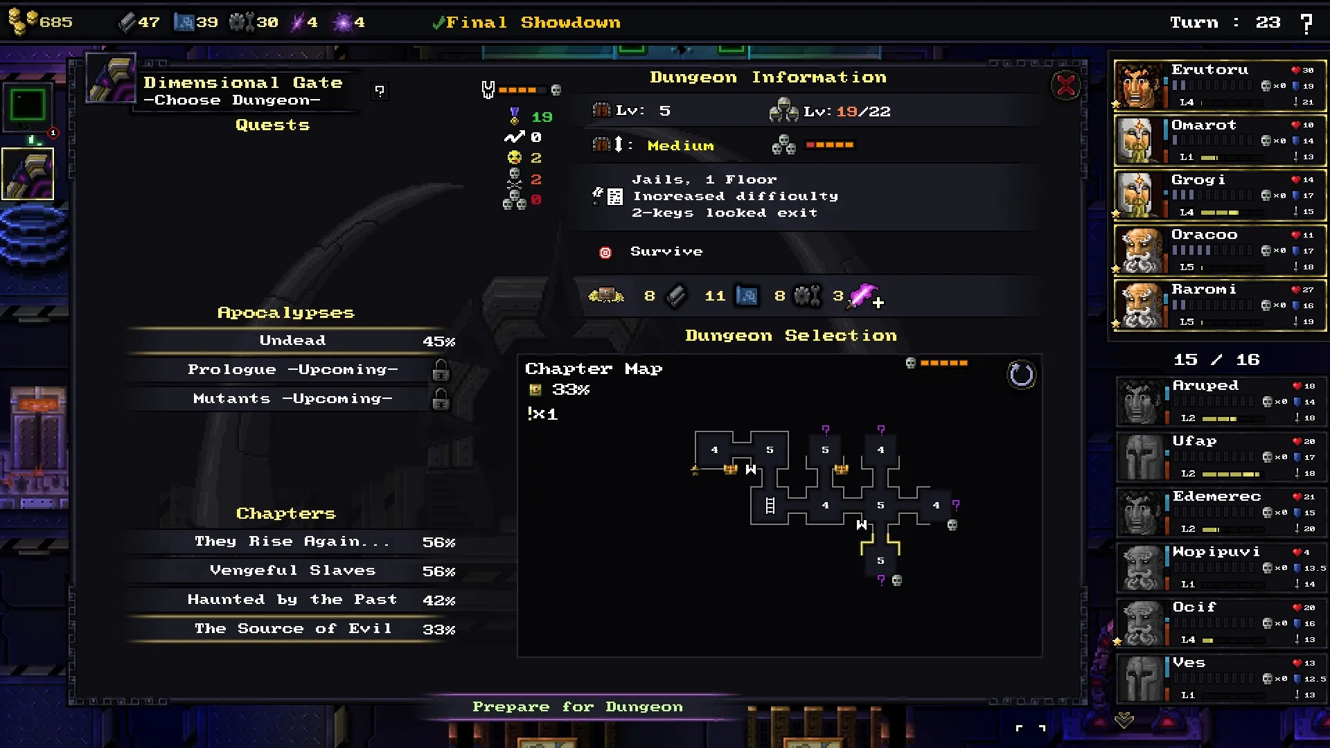 Escape The Mad Empire: Dungeon selection screen with map, quests, and hero list in dark interface.