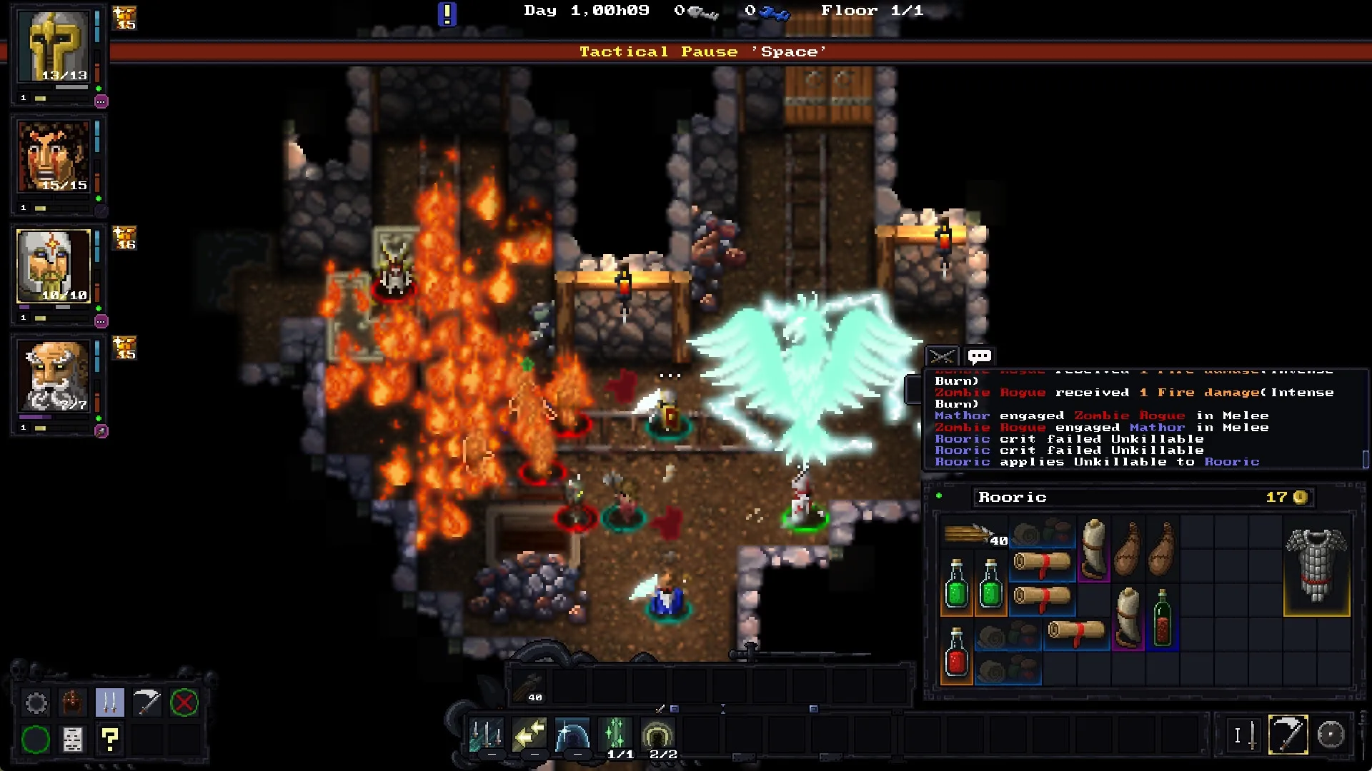 Escape The Mad Empire: Tactical pause in dungeon with heroes battling fiery enemies and spectral bird