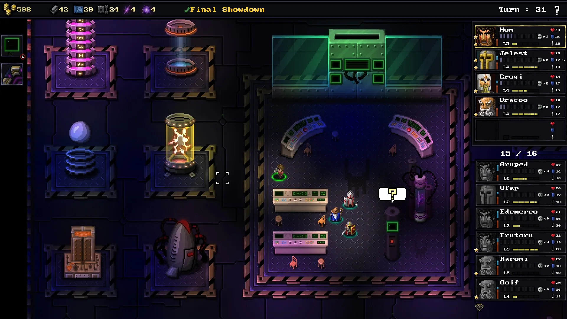 Escape The Mad Empire: Tactical setup with heroes in control room, visible UI displaying character stats.
