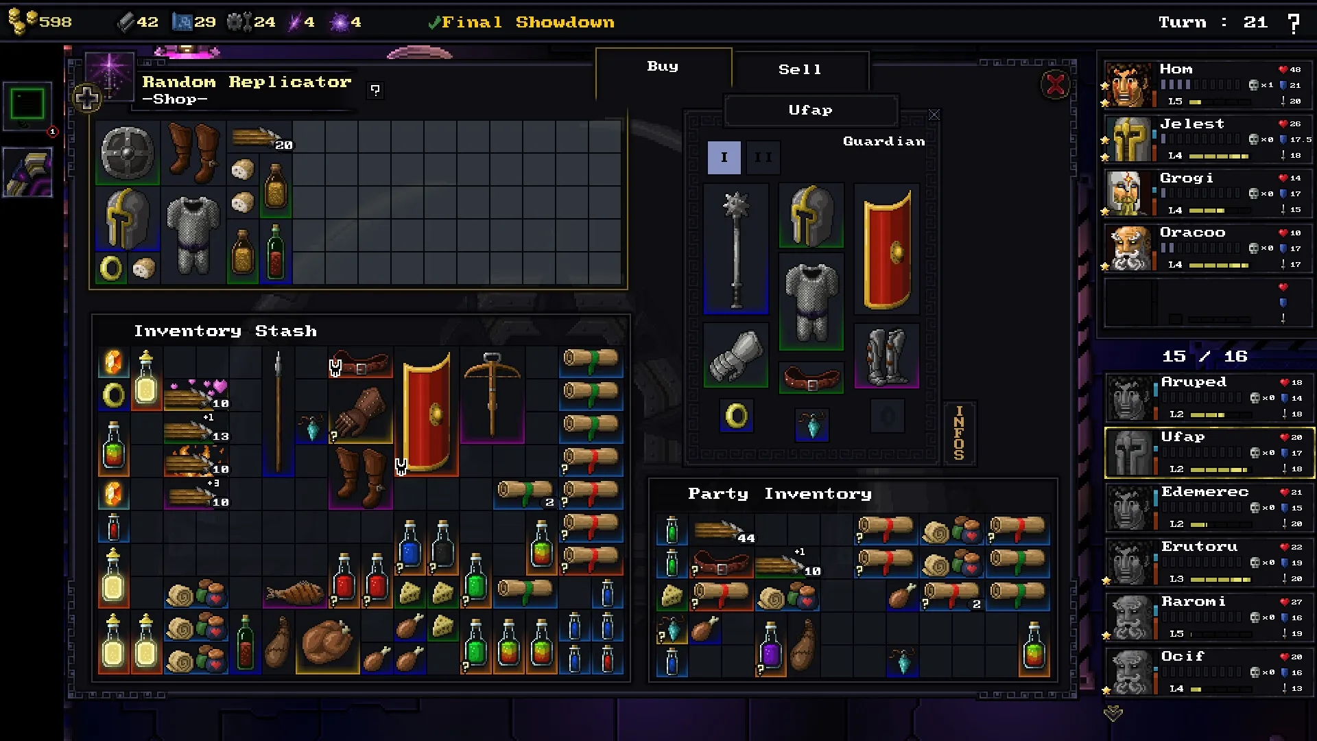 Escape The Mad Empire: Inventory management with character stats in a shop setting during Final Showdown