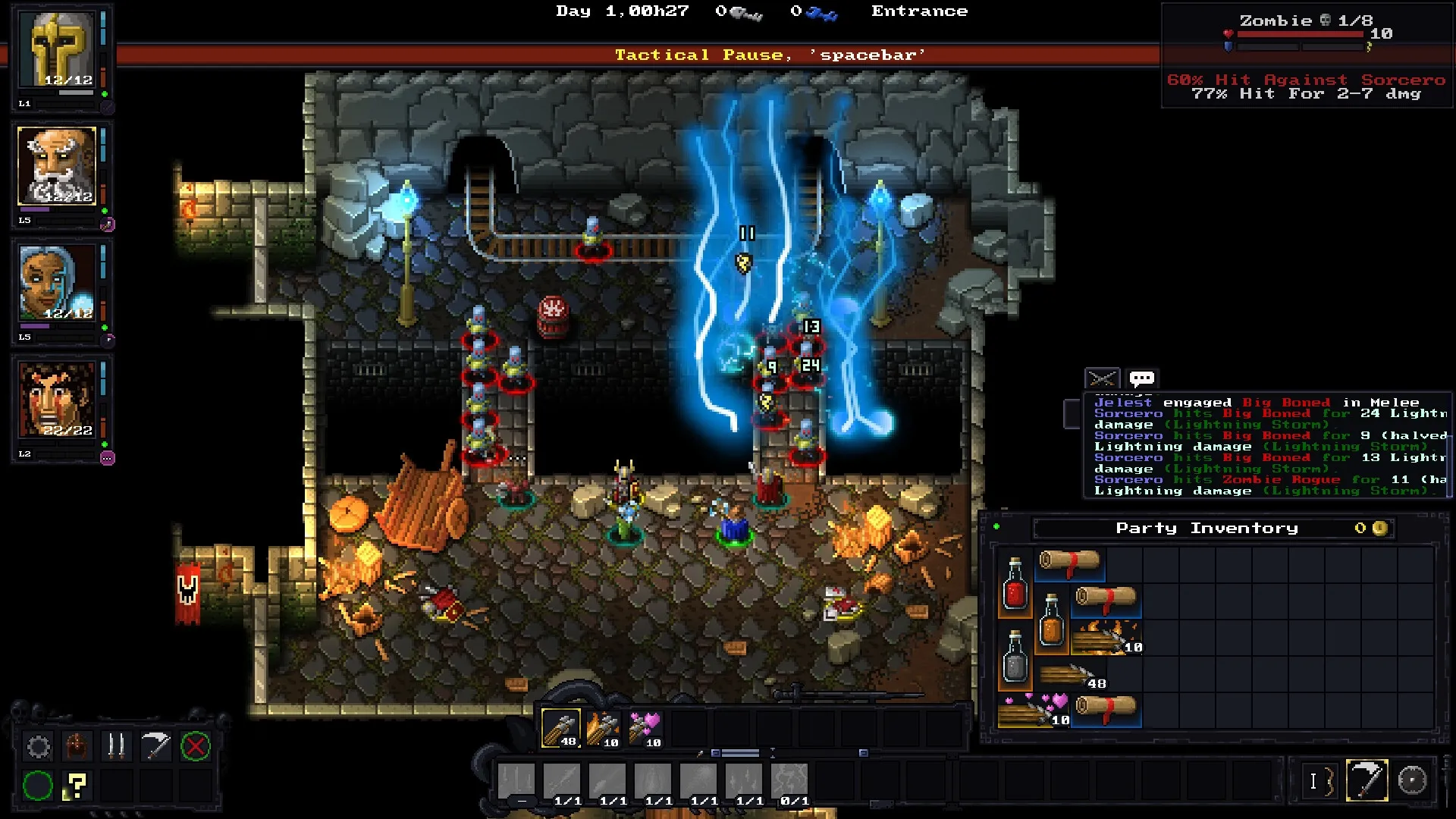 Escape The Mad Empire: Tactical combat with heroes casting spells in a dungeon corridor environment