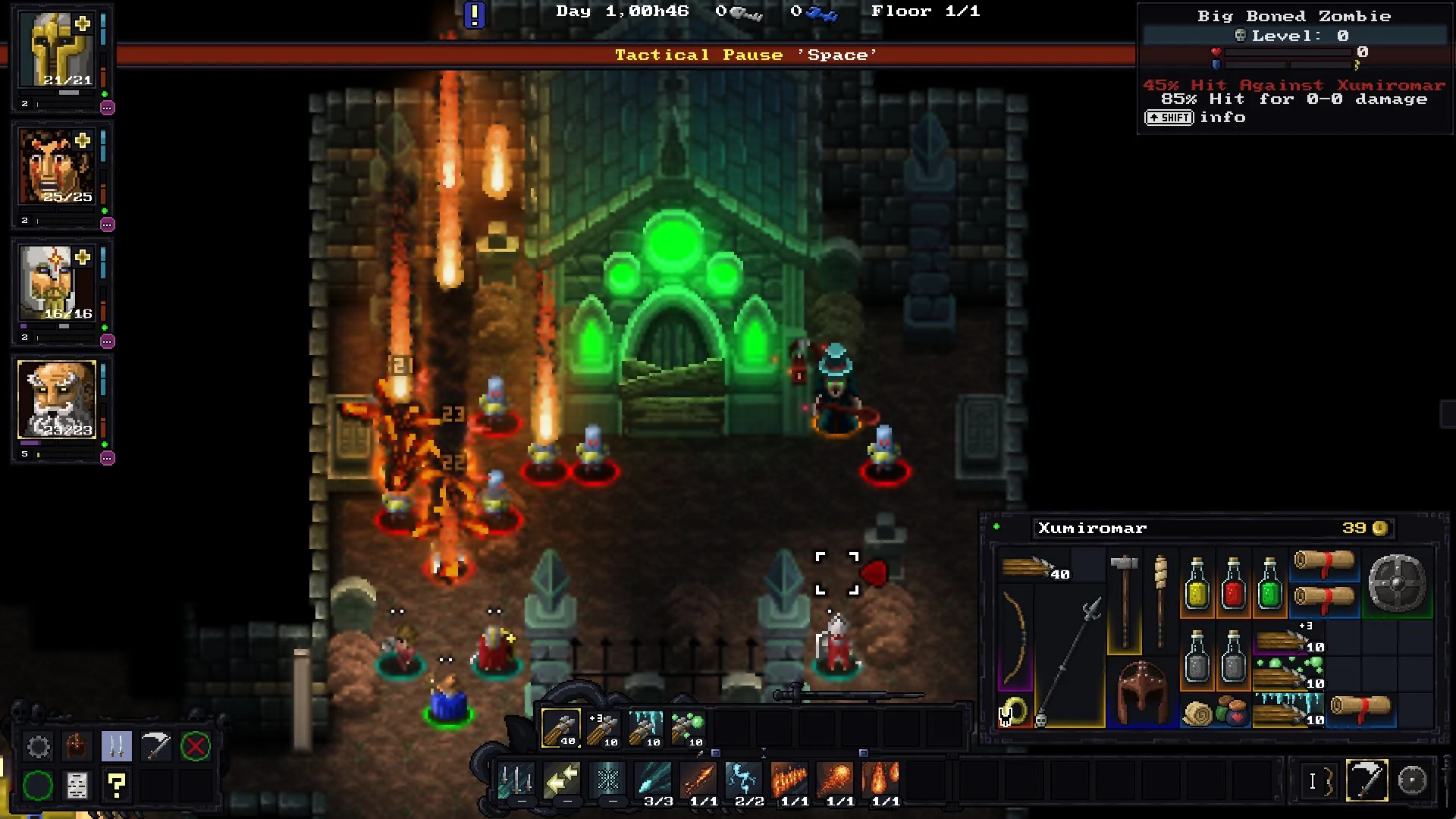 Escape The Mad Empire: Tactical pause with heroes battling zombies outside glowing green dungeon entrance