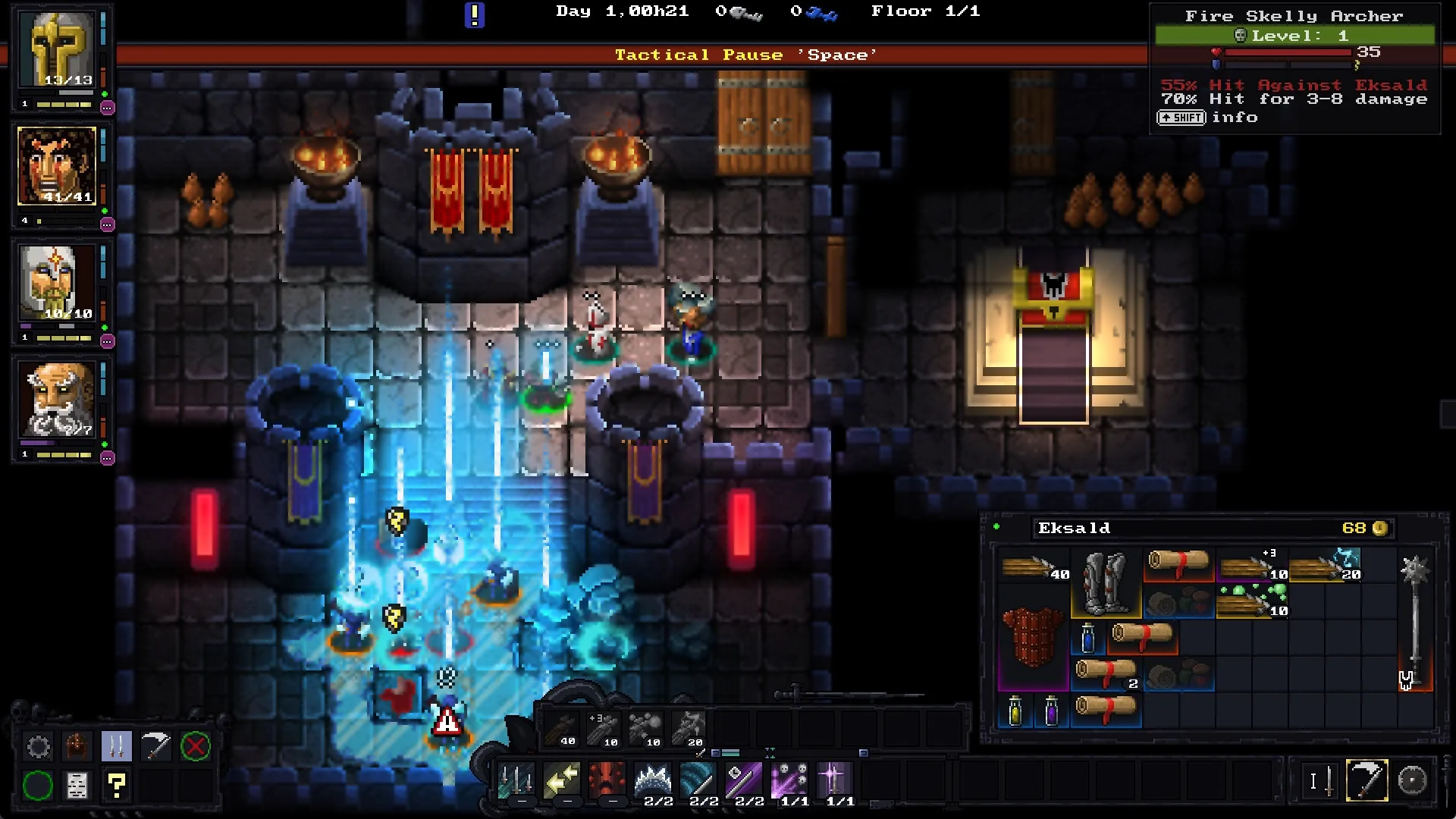 Escape The Mad Empire: Tactical pause in dungeon with hero stats, inventory menu, and glowing portals.