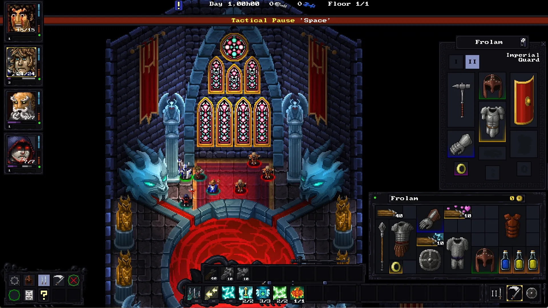 Escape The Mad Empire: Tactical pause in cathedral with hero inventory and enemies in stained glass hall