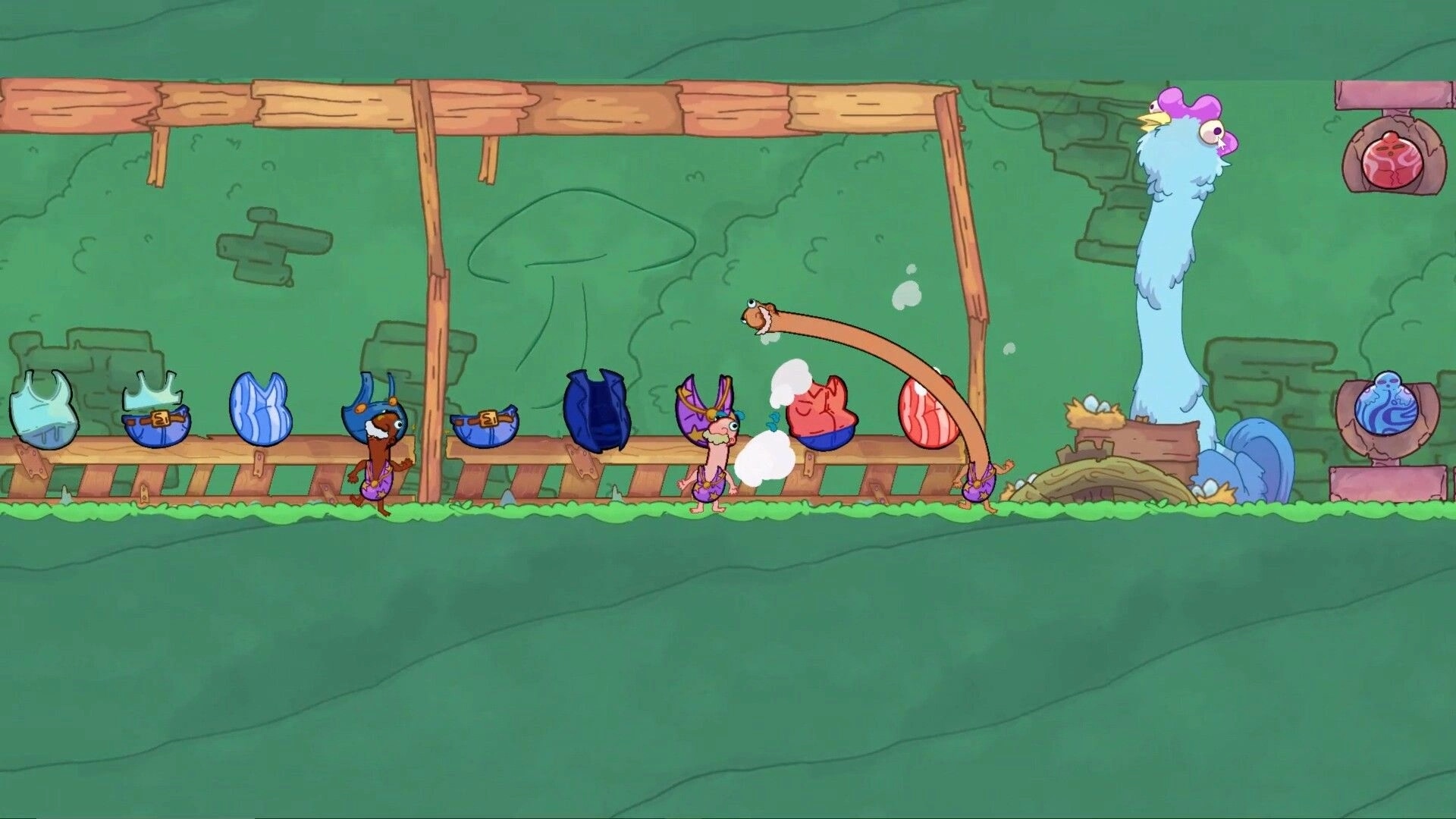 Esophaguys: Two characters in a wooden structure, one extends neck to grab a red item, giant bird nearby