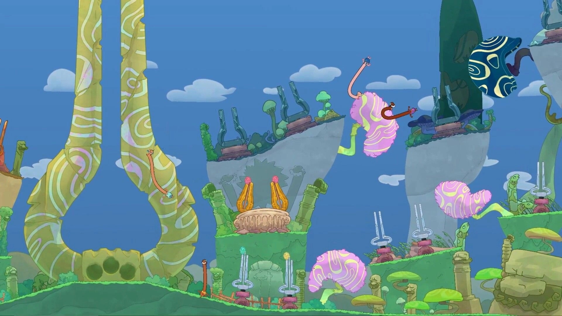 Esophaguys: Characters with long necks swing across a vibrant, whimsical landscape with floating platforms.