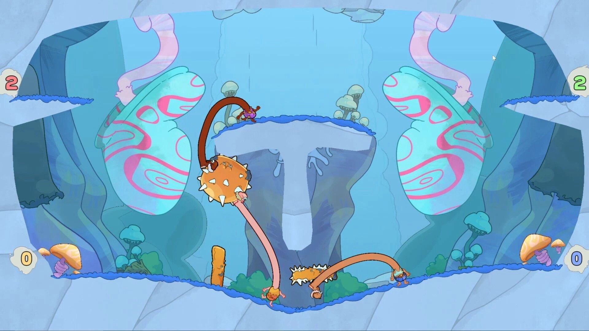 Esophaguys: Two characters with long necks battling on a floating platform in a colorful, cave-like arena.