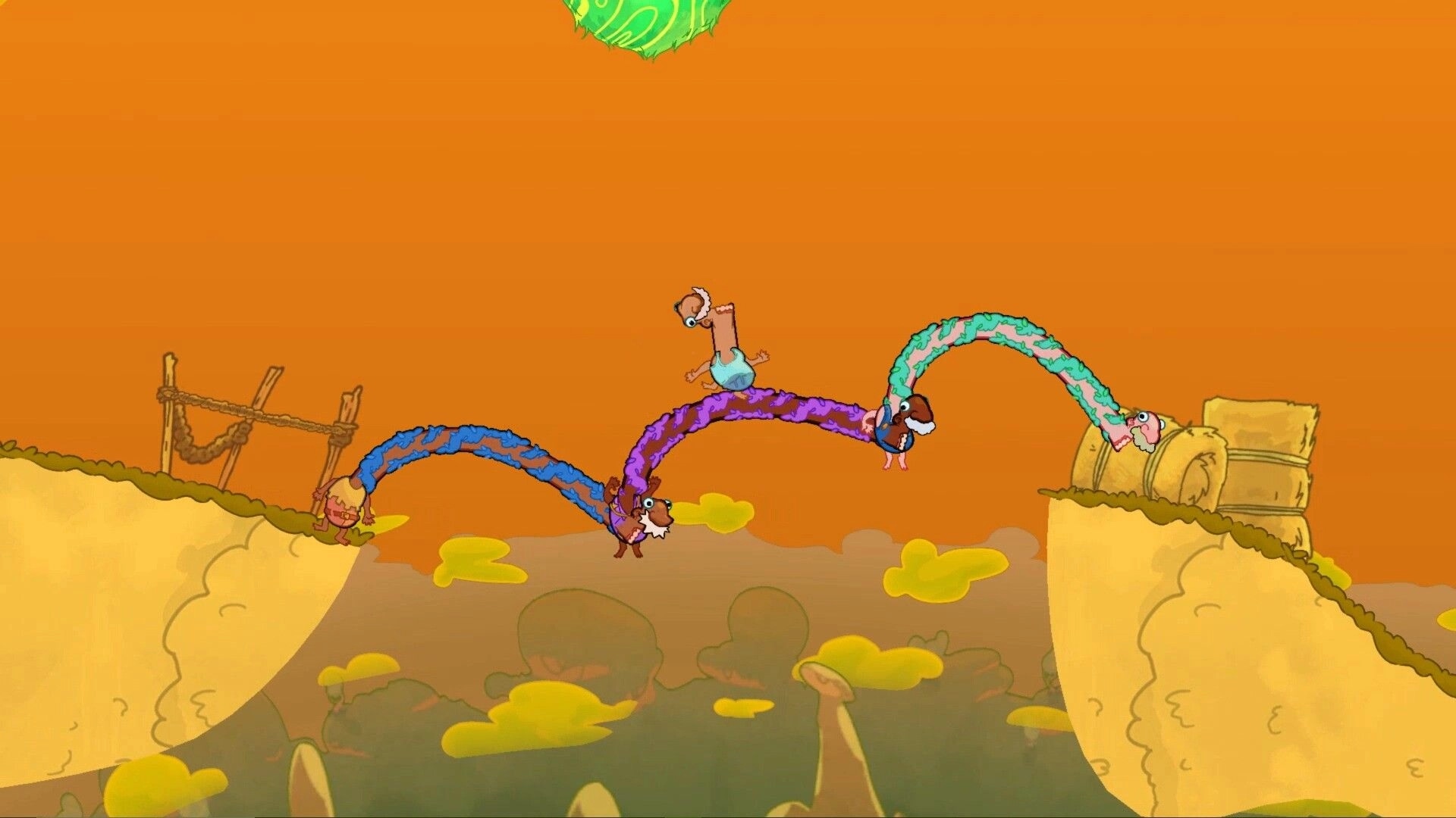 Esophaguys: Four characters with elongated necks swing between cliffs in a vibrant orange sky setting