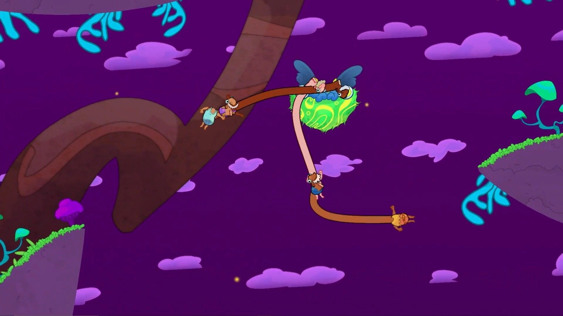Esophaguys: Characters swing from stretchy necks between branches in a whimsical purple sky environment