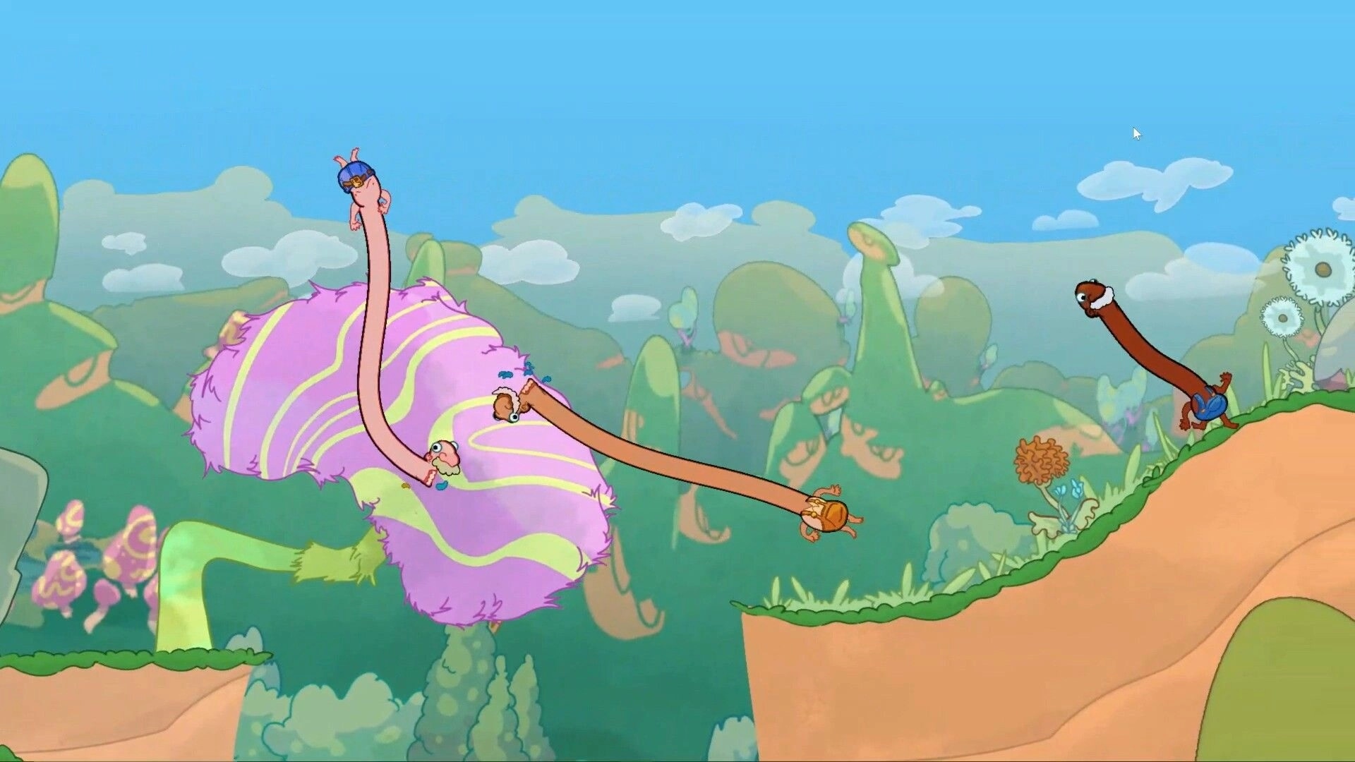 Esophaguys: Three characters with long necks swing across pastel landscape with hills and fluffy trees