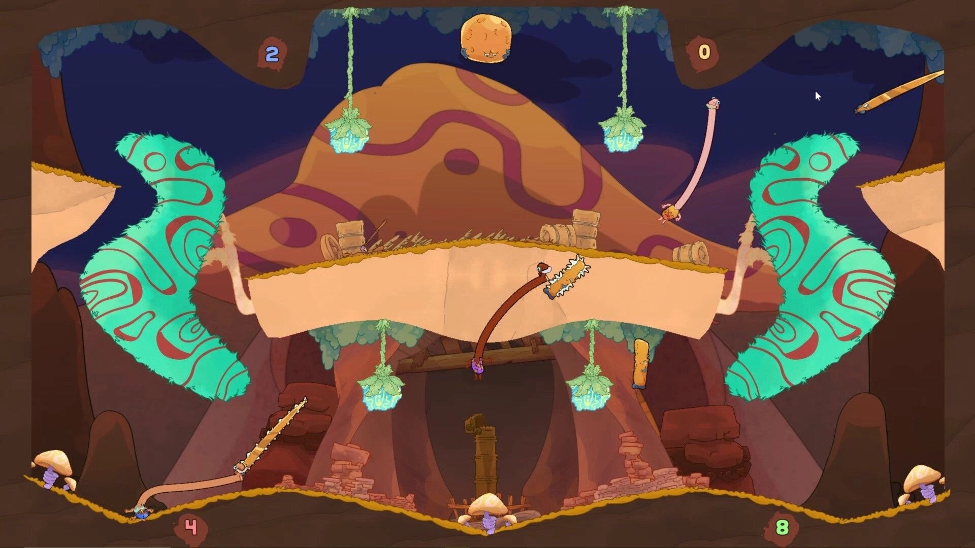 Esophaguys: Long-necked characters swinging in a colorful cave environment with floating platforms