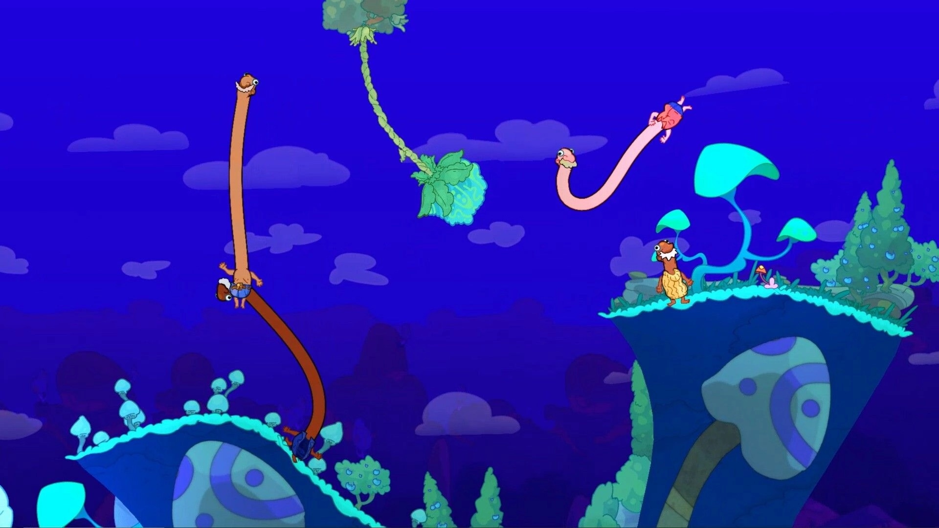 Esophaguys: Two characters with elongated necks swinging between platforms in a colorful, alien landscape.