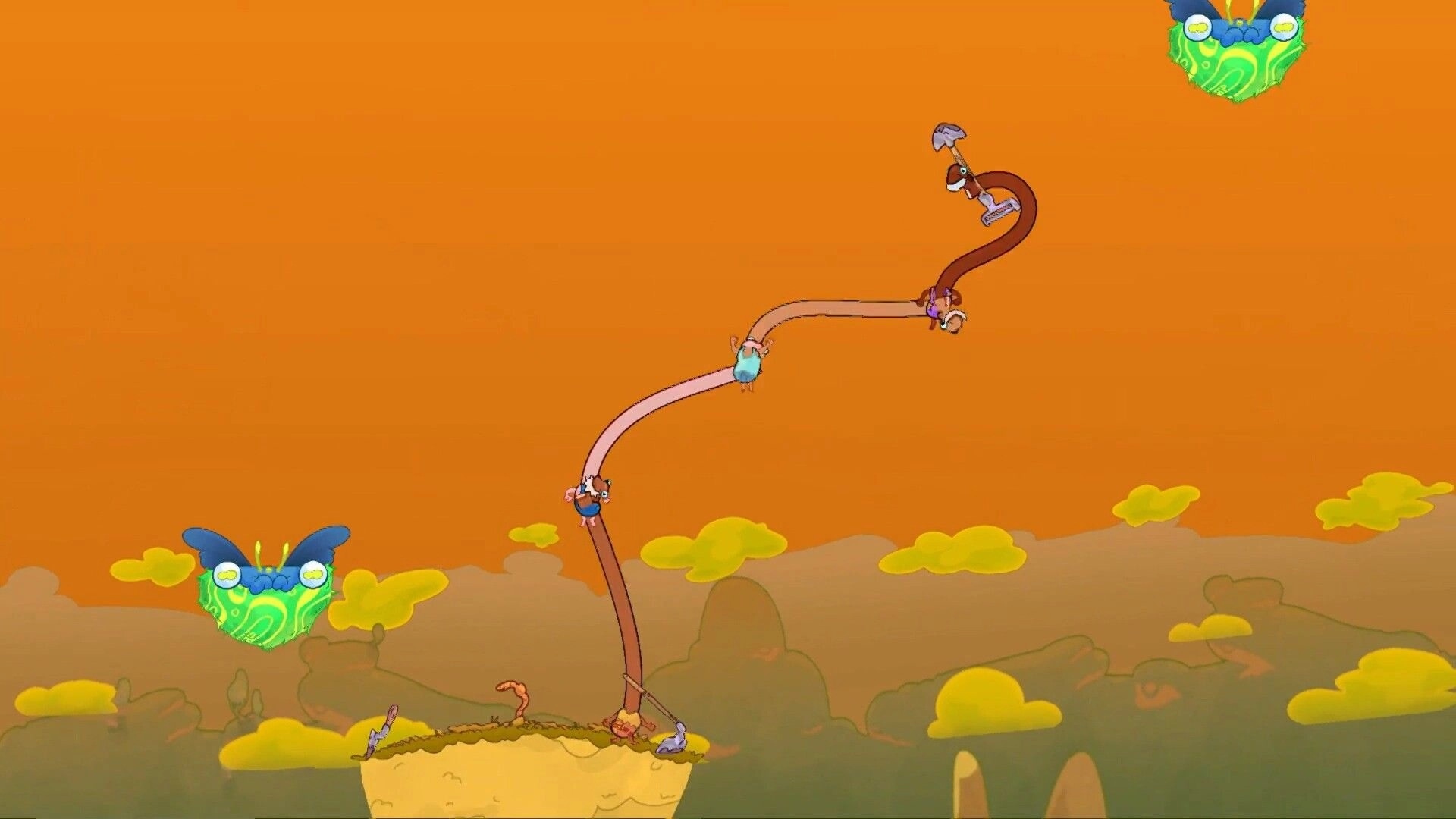 Esophaguys: Long-necked characters swing across a bright orange sky with floating islands and clouds.